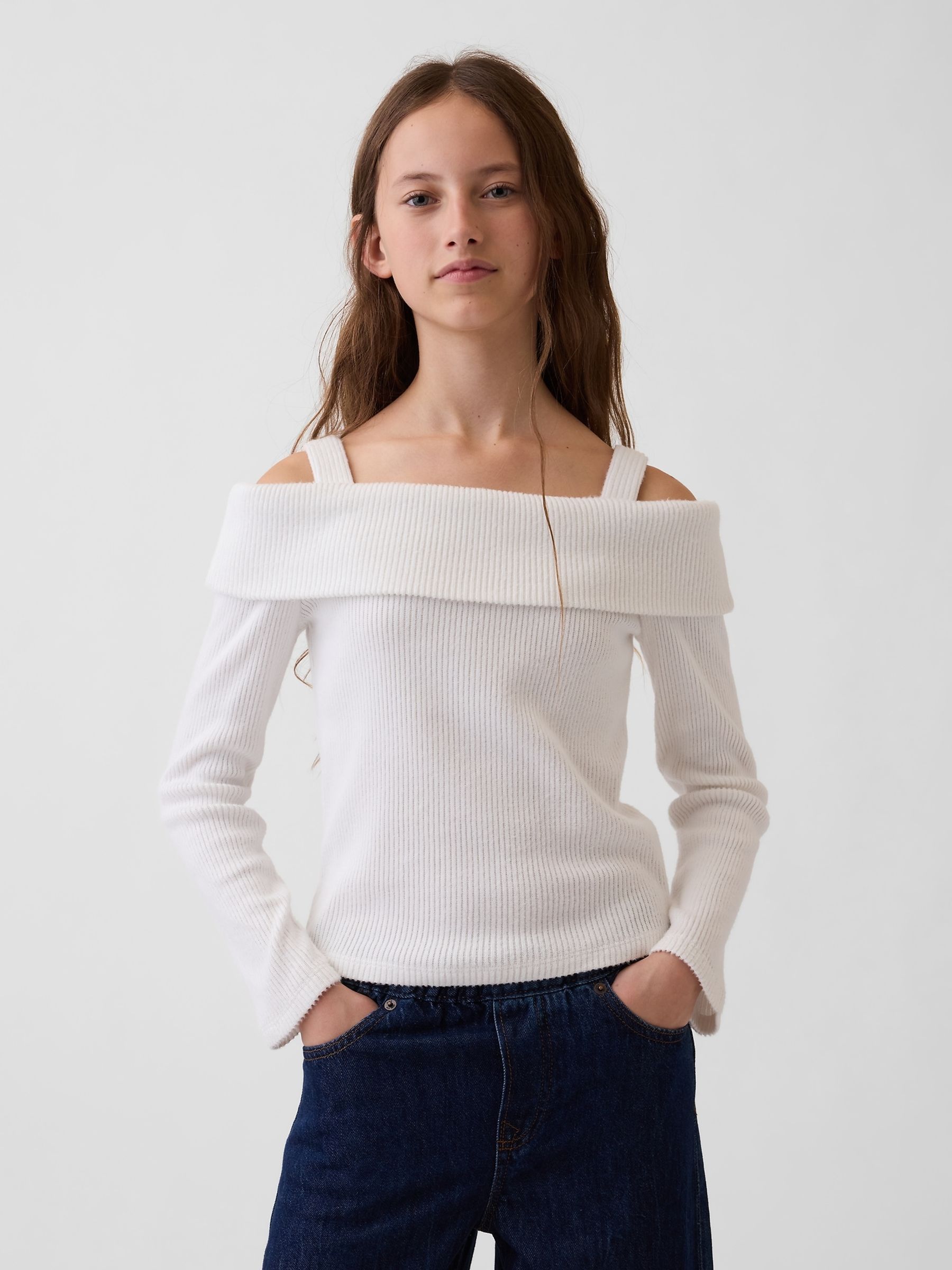 White Off-Shoulder Rib Top - Image 1 of 4 White Off-Shoulder Rib Top - Image 1 of 4