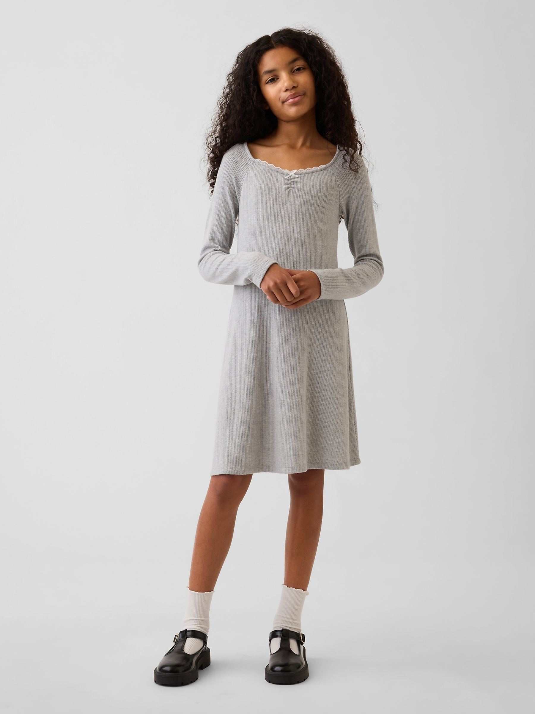 Grey Pointelle Rib Long Sleeve Dress - Image 1 of 5