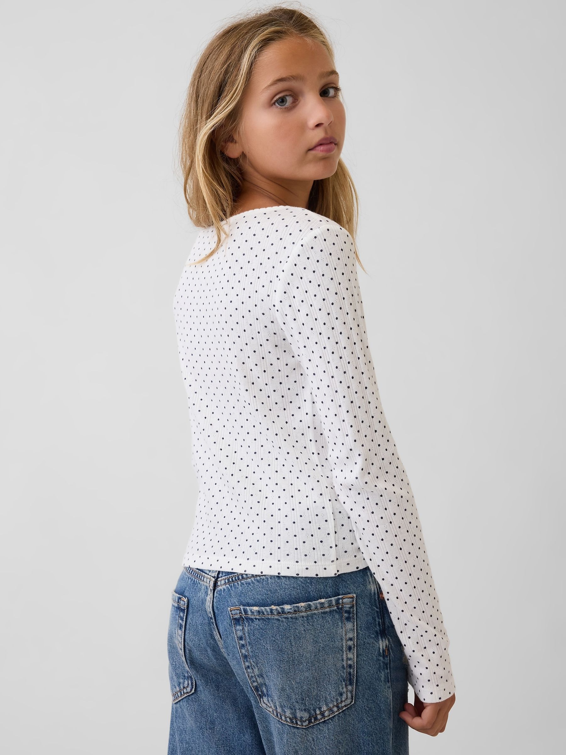 White Polka Dot Pointelle Long Sleeve T-Shirt - Image 2 of 4 White Polka Dot Pointelle Long Sleeve T-Shirt - Image 2 of 4