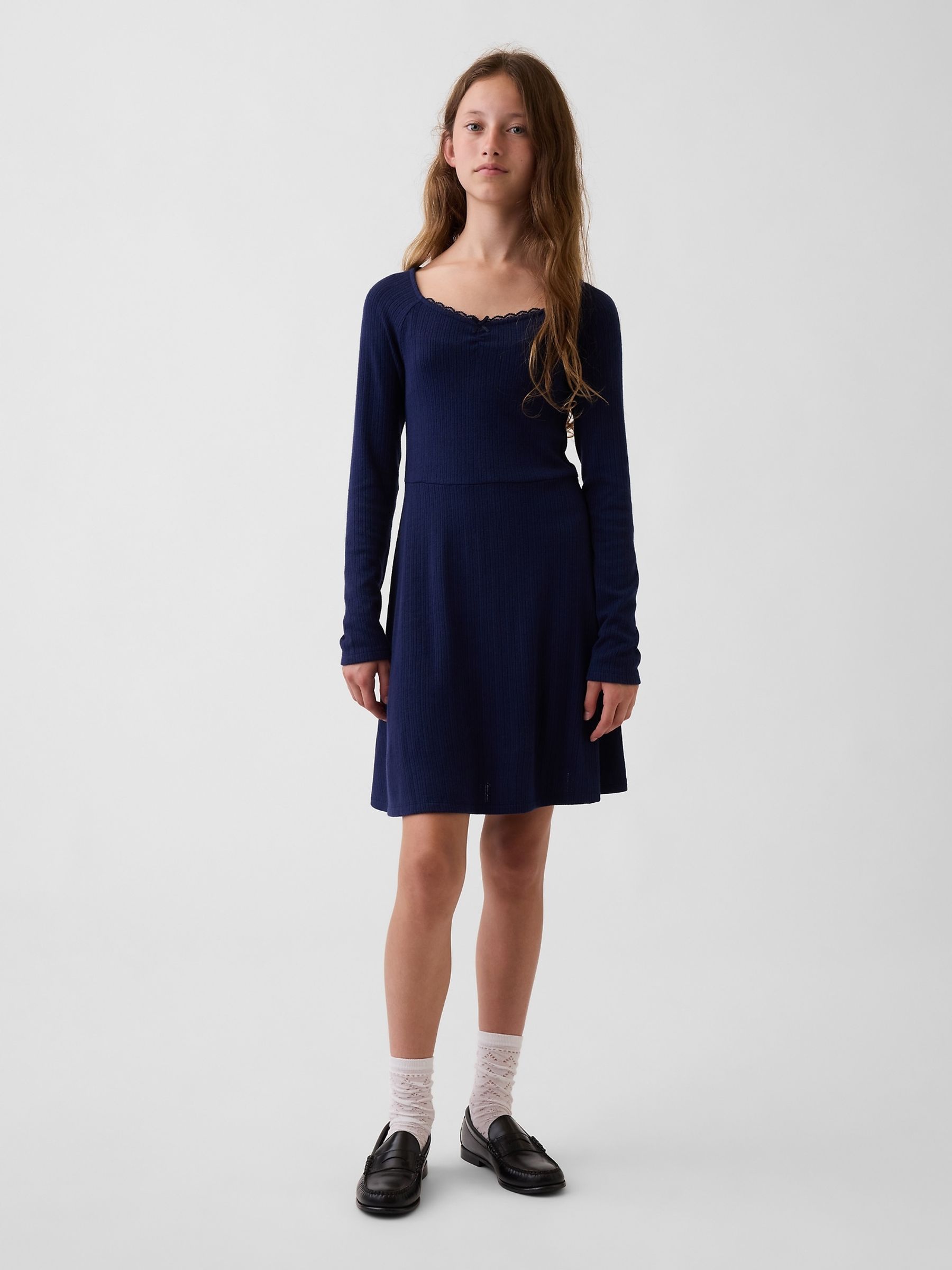 Navy Pointelle Rib Long Sleeve Dress - Image 1 of 5