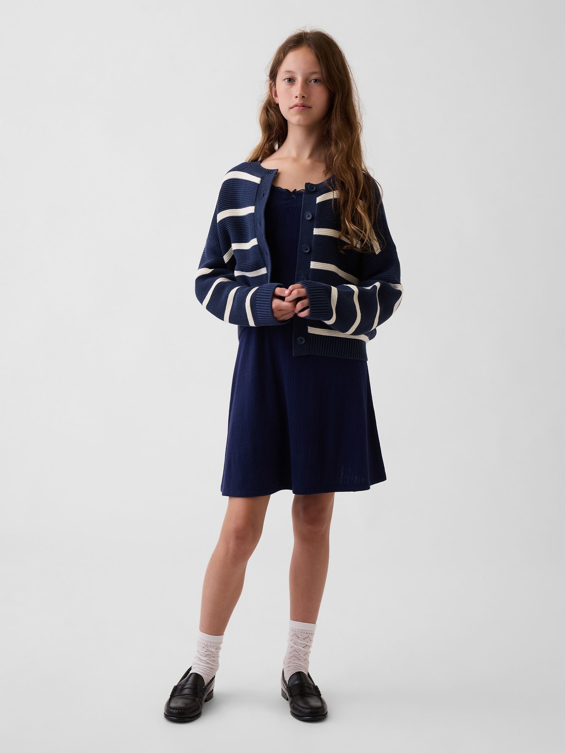 Navy Pointelle Rib Long Sleeve Dress - Image 3 of 5