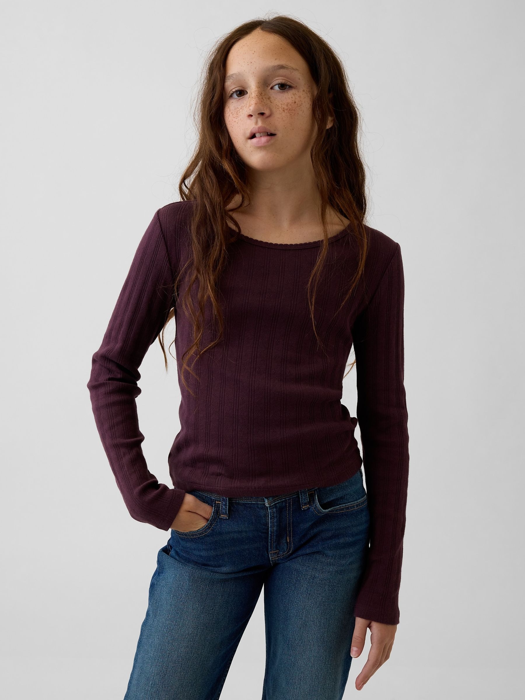 Burgundy Pointelle Long Sleeve T-Shirt - Image 1 of 4