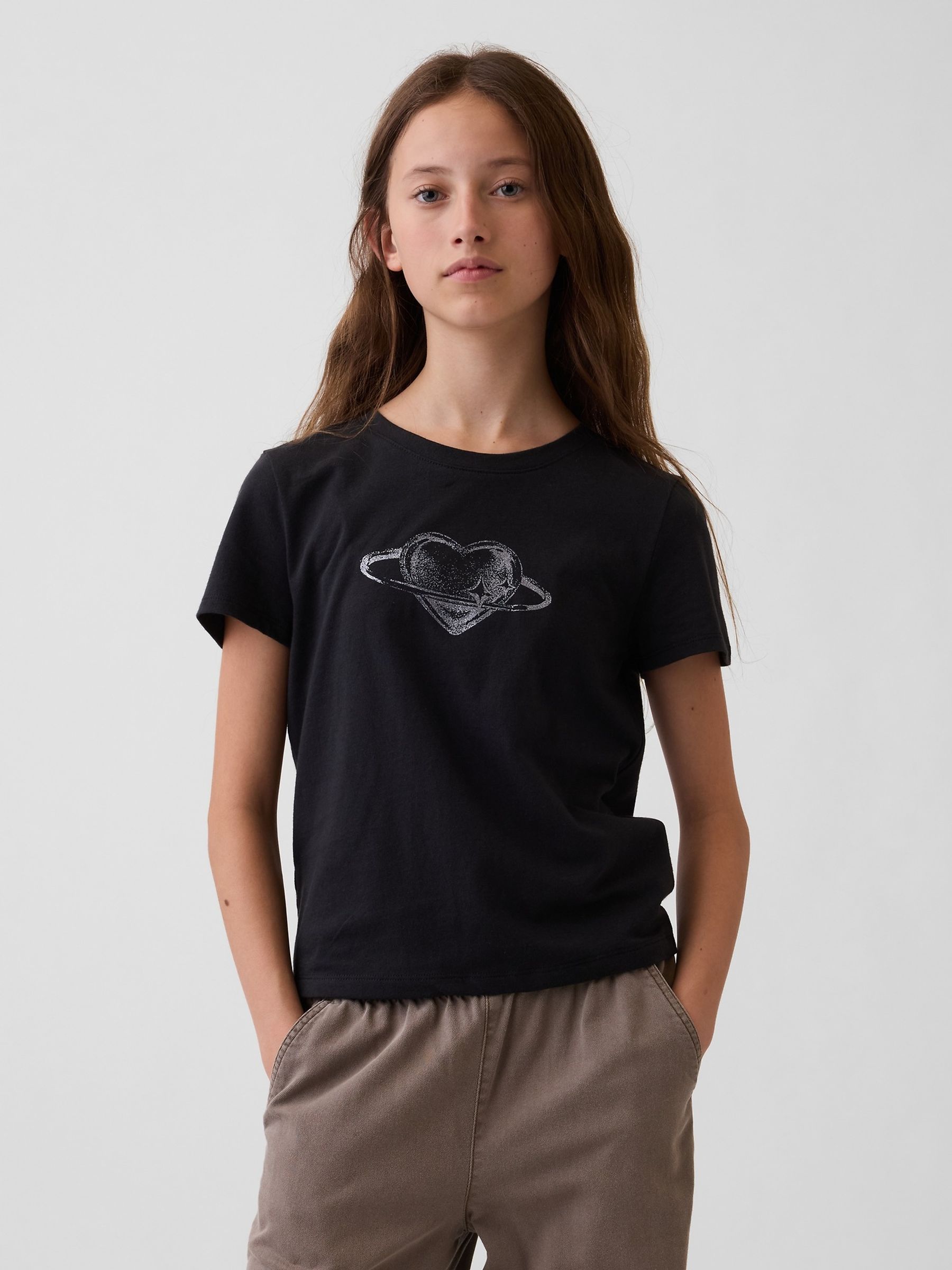 Black Saturn Heart Graphic Short Sleeve T-Shirt - Image 1 of 3