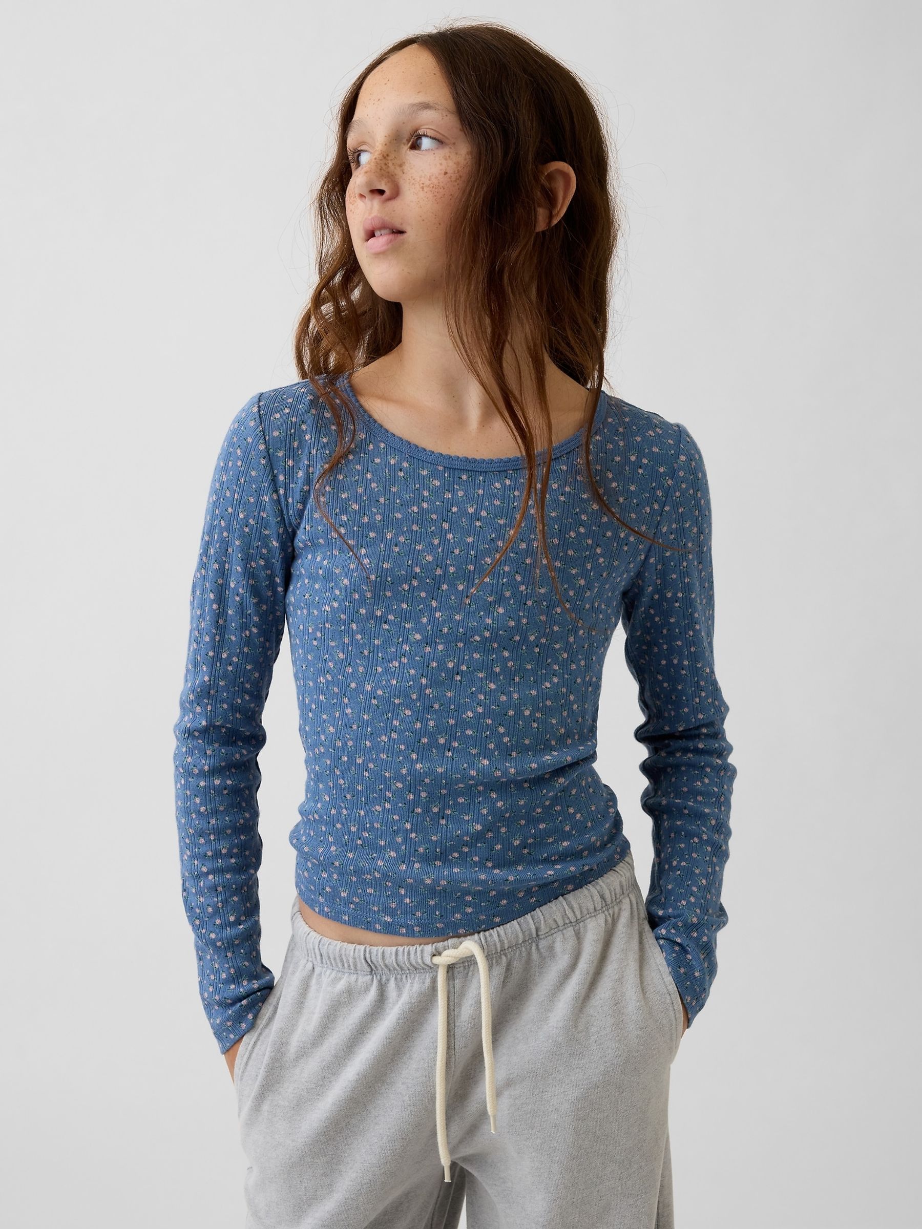 Blue Floral Pointelle Long Sleeve T-Shirt - Image 1 of 4