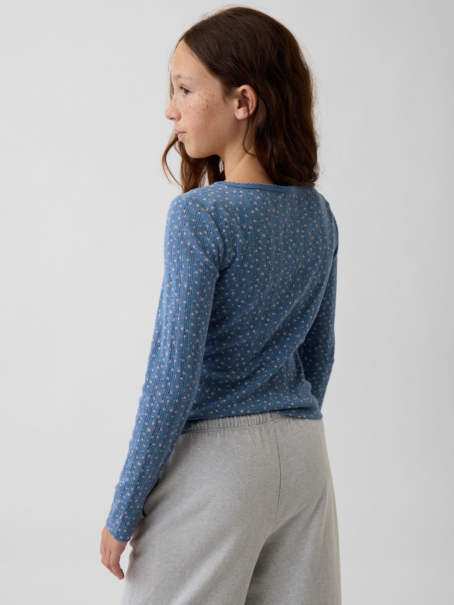 Blue Floral Pointelle Long Sleeve T-Shirt - Image 2 of 4 Blue Floral Pointelle Long Sleeve T-Shirt - Image 2 of 4