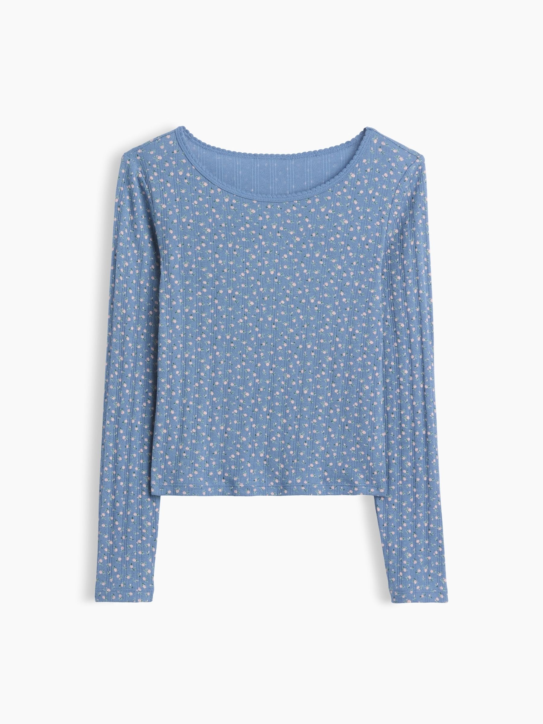 Blue Floral Pointelle Long Sleeve T-Shirt - Image 3 of 4