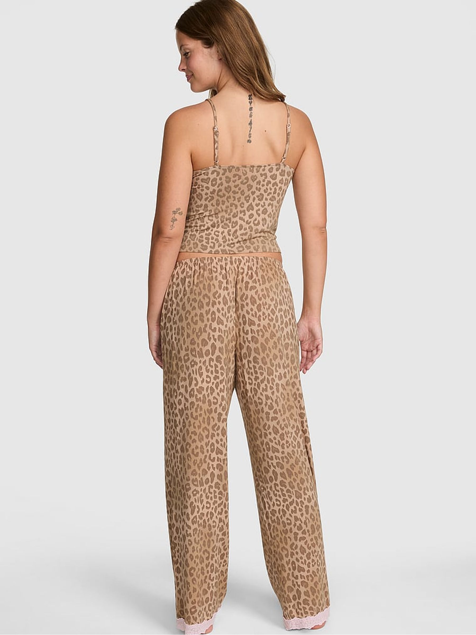 Leopard Brown Long Modal Lace Trim Pyjama Set - Image 2 of 2 Leopard Brown Long Modal Lace Trim Pyjama Set - Image 2 of 2