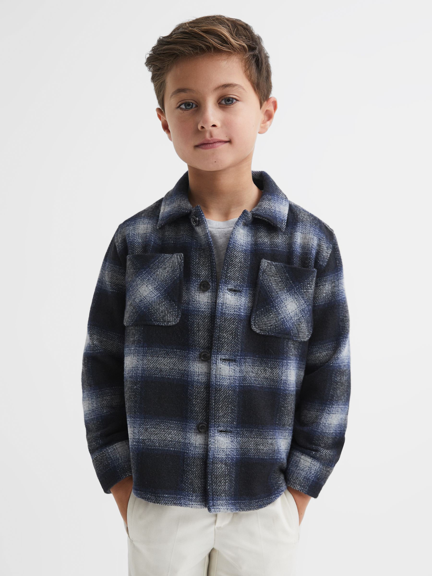 Wool Blend Check Overshirt in Blue Multi - Image 1 of 7