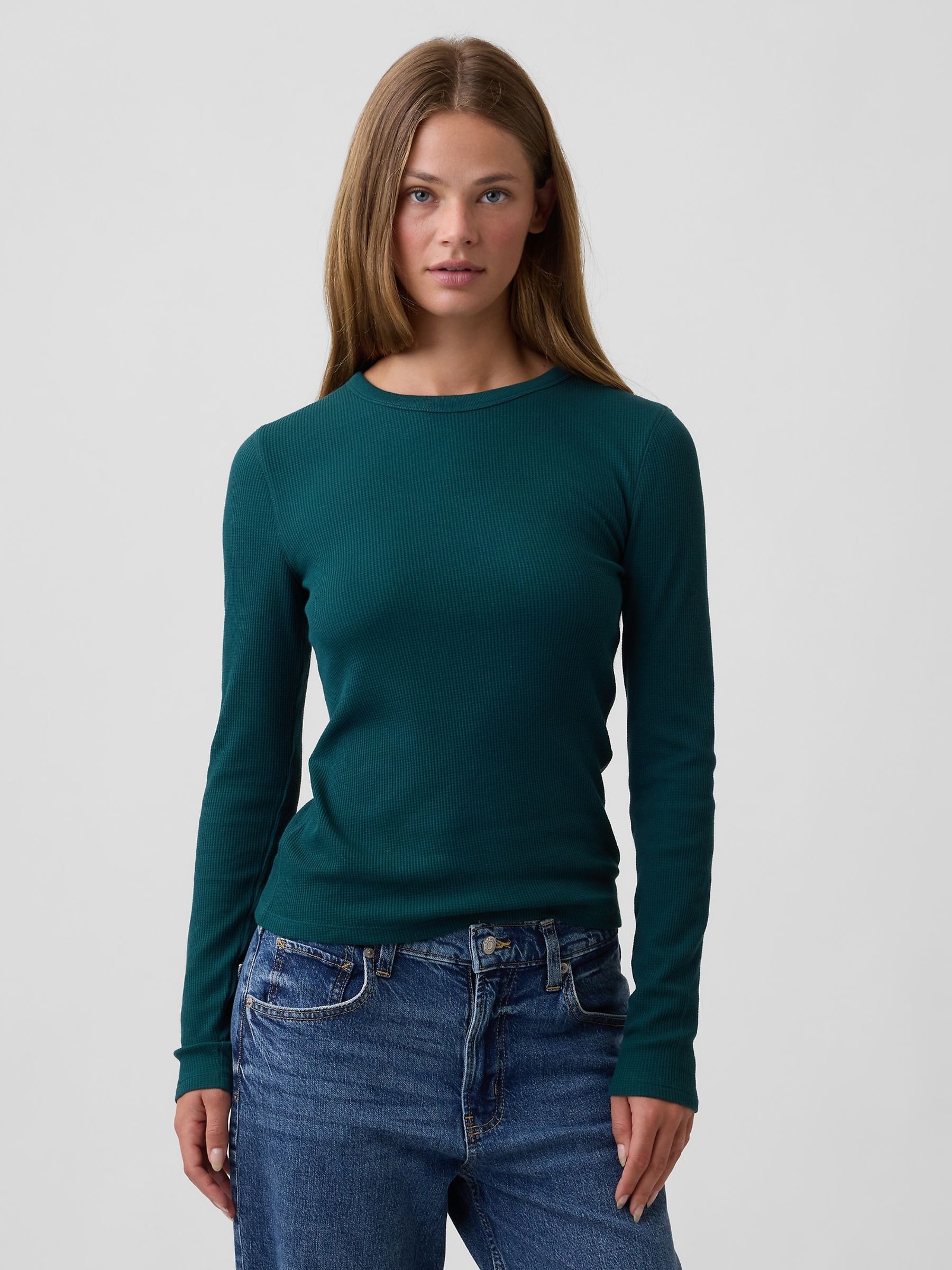 Dark Green Waffle Knit Long Sleeve T-Shirt - Image 1 of 5