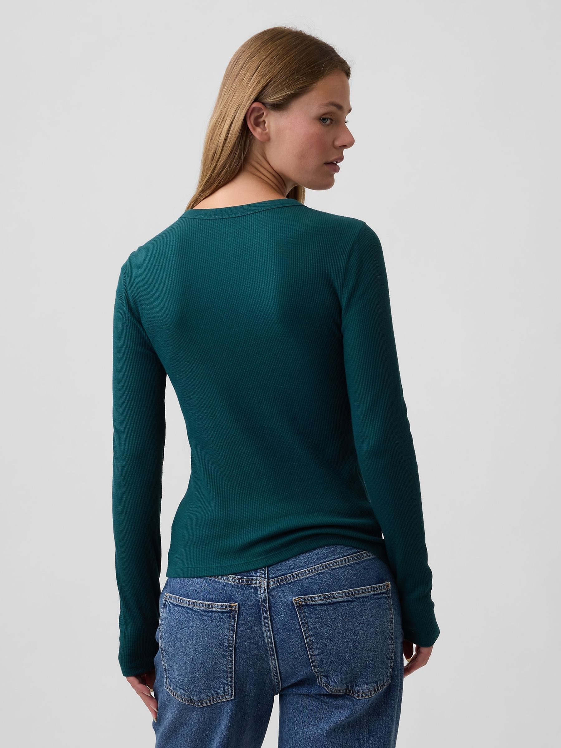 Dark Green Waffle Knit Long Sleeve T-Shirt - Image 2 of 5