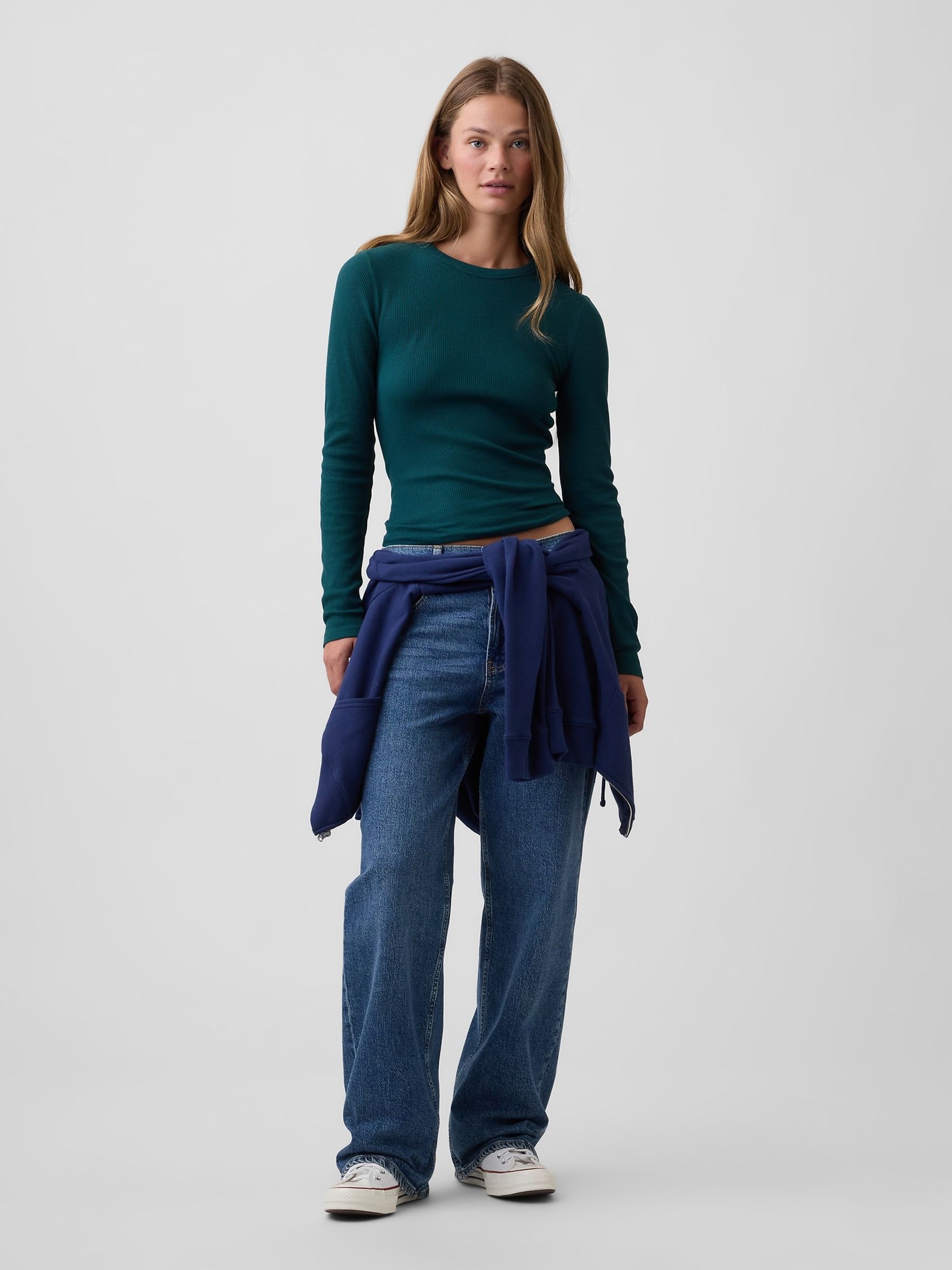 Dark Green Waffle Knit Long Sleeve T-Shirt - Image 3 of 5