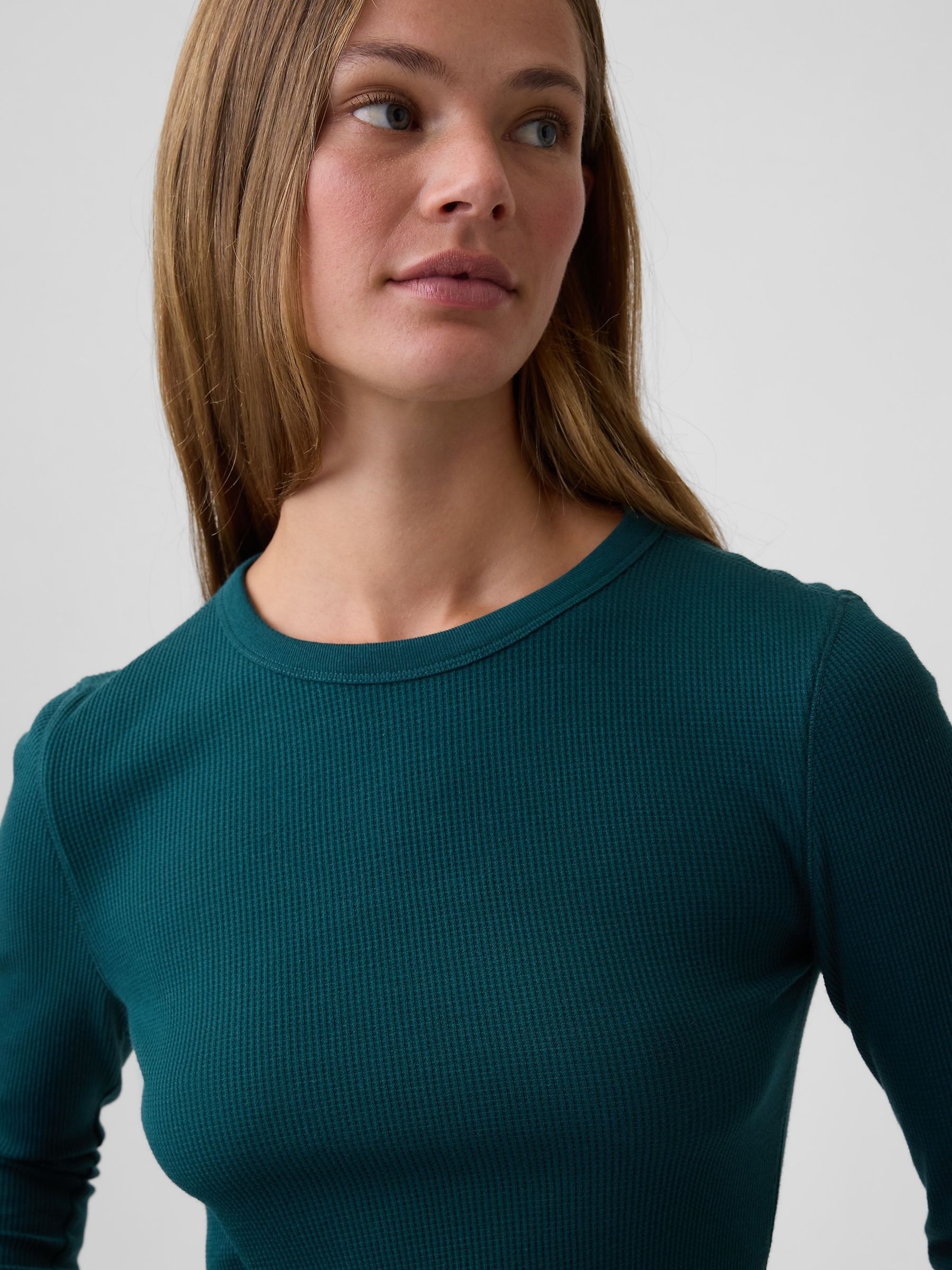 Dark Green Waffle Knit Long Sleeve T-Shirt - Image 4 of 5