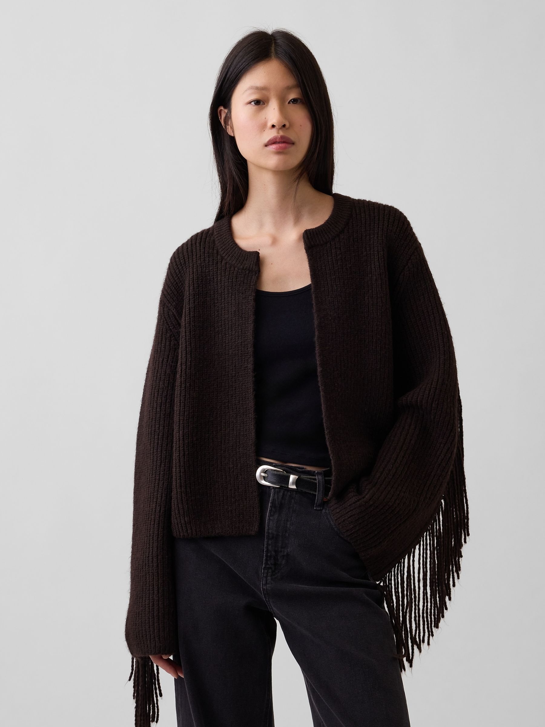Brown Relaxed Fringe Cardigan - Image 1 of 4