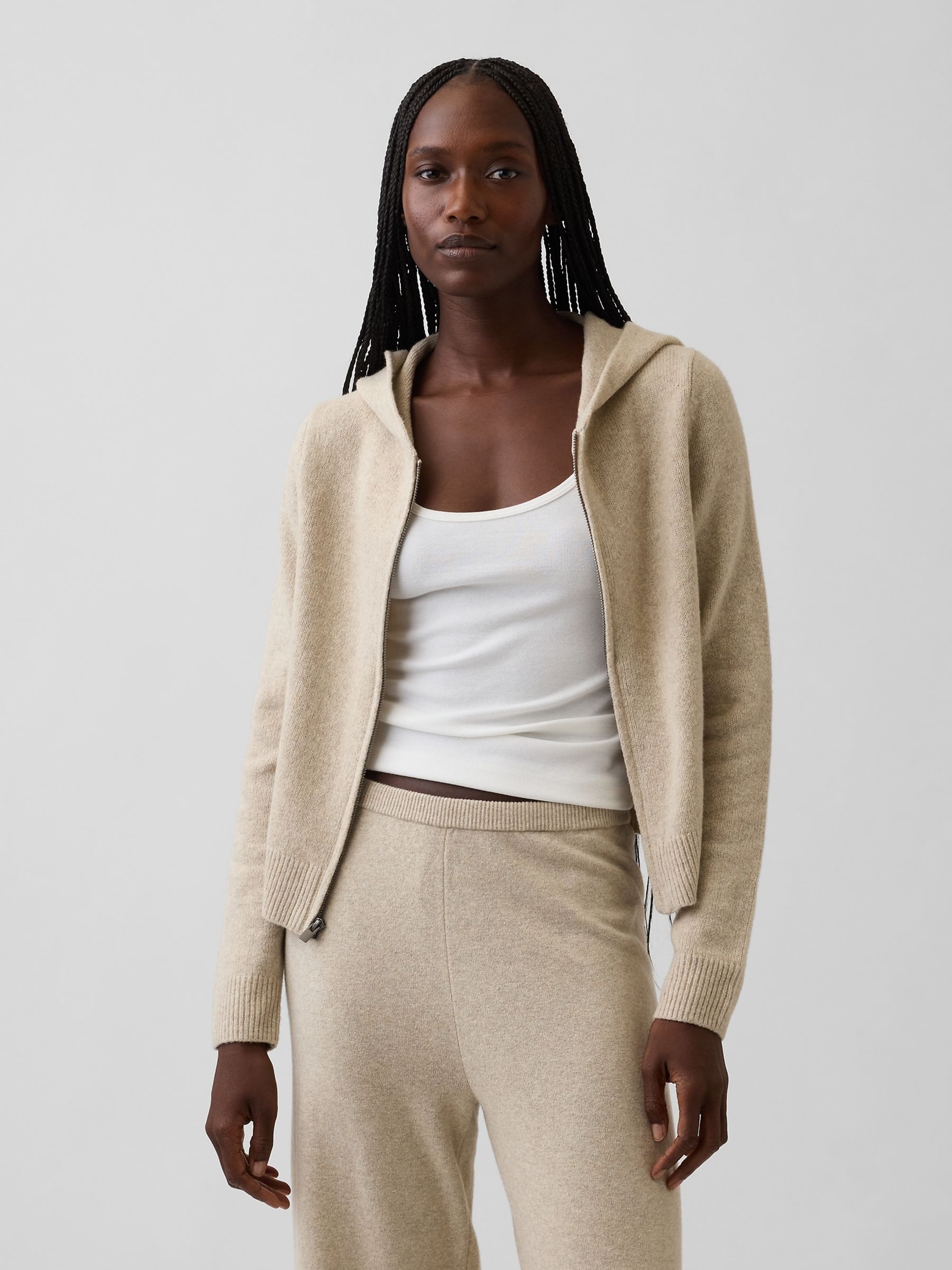 Beige CashSoft Zip-Up Hoodie - Image 1 of 5
