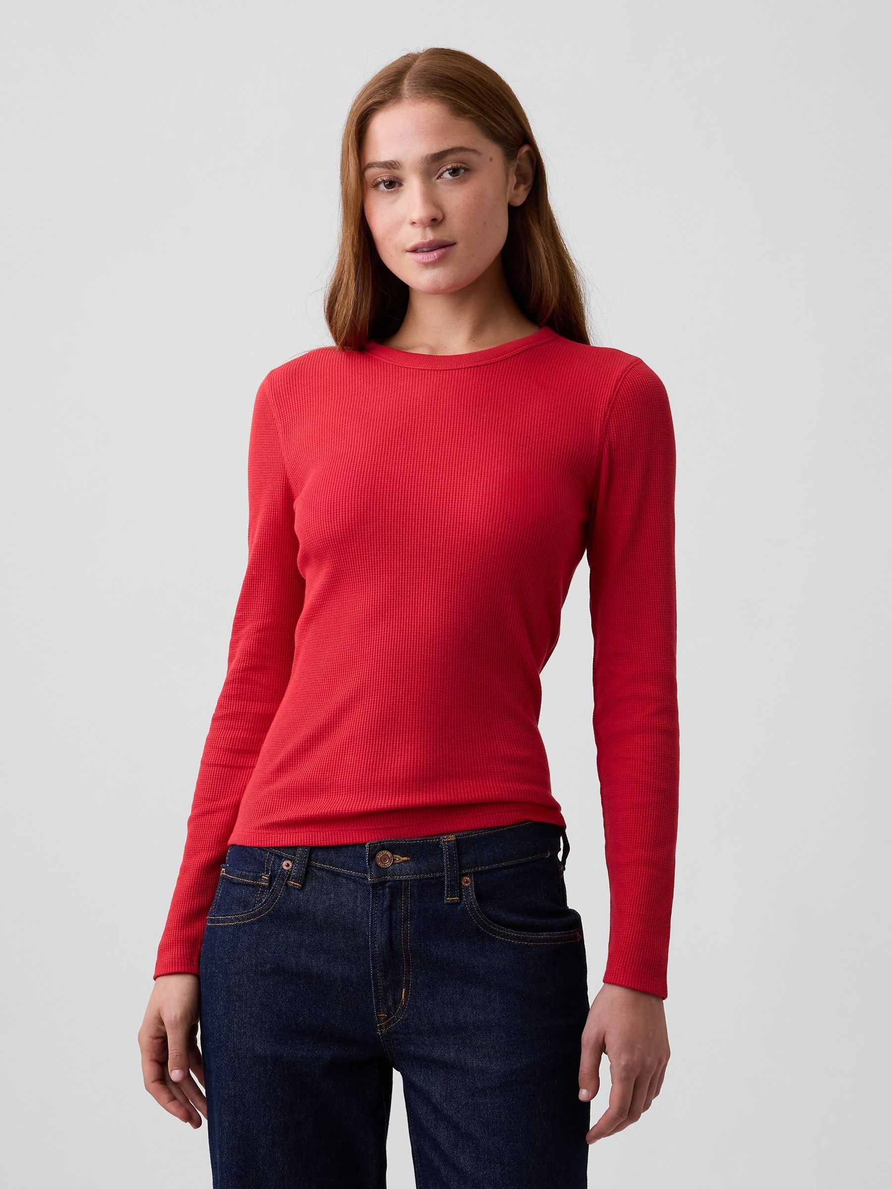 Red Waffle Knit Long Sleeve T-Shirt - Image 1 of 5
