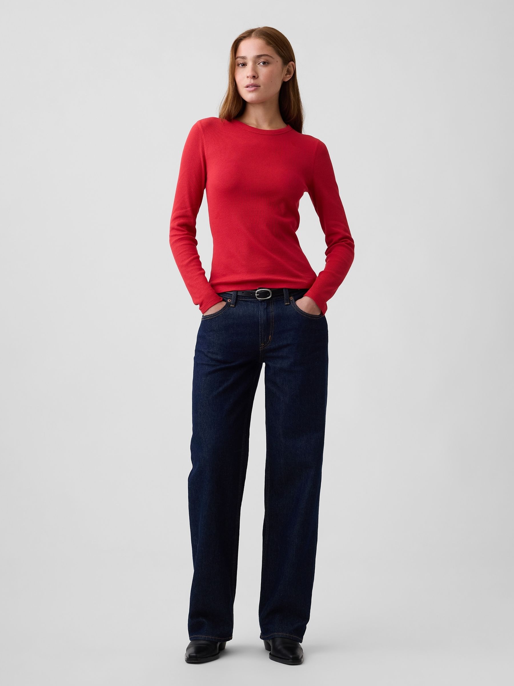 Red Waffle Knit Long Sleeve T-Shirt - Image 3 of 5