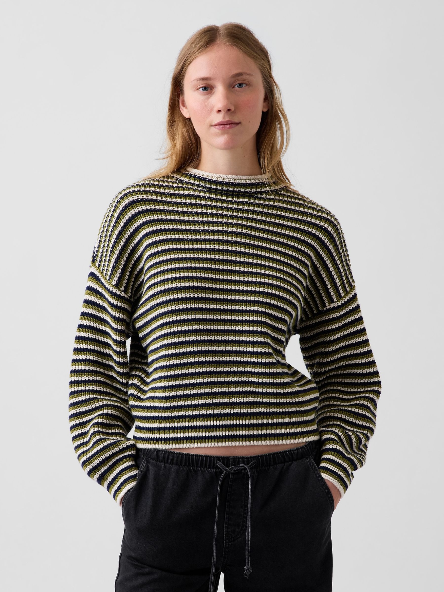 Green Stripe Oversized Rolled Neck Jumper - Image 1 of 4