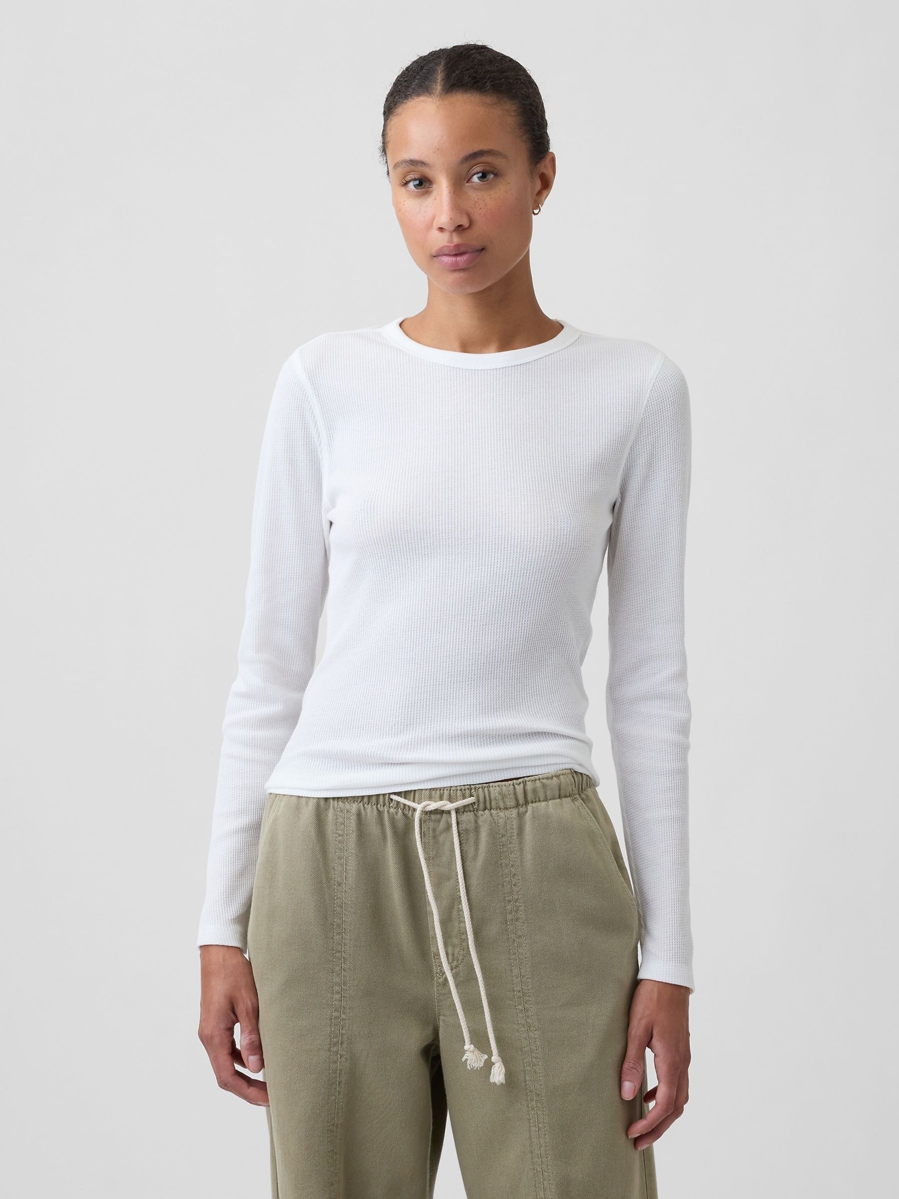 White Waffle Knit Long Sleeve T-Shirt - Image 1 of 5