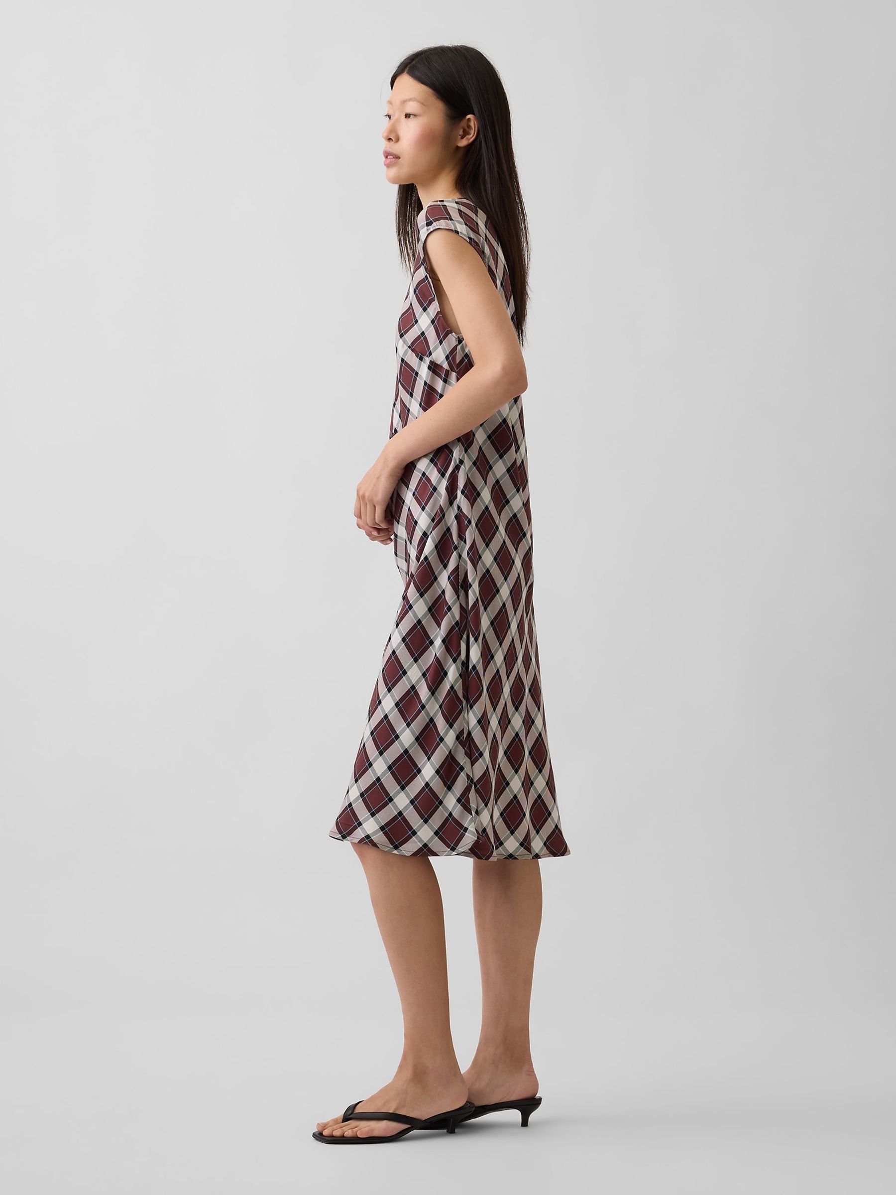 Burgundy Check Cap-Sleeve Knee-Length Dress - Image 3 of 4