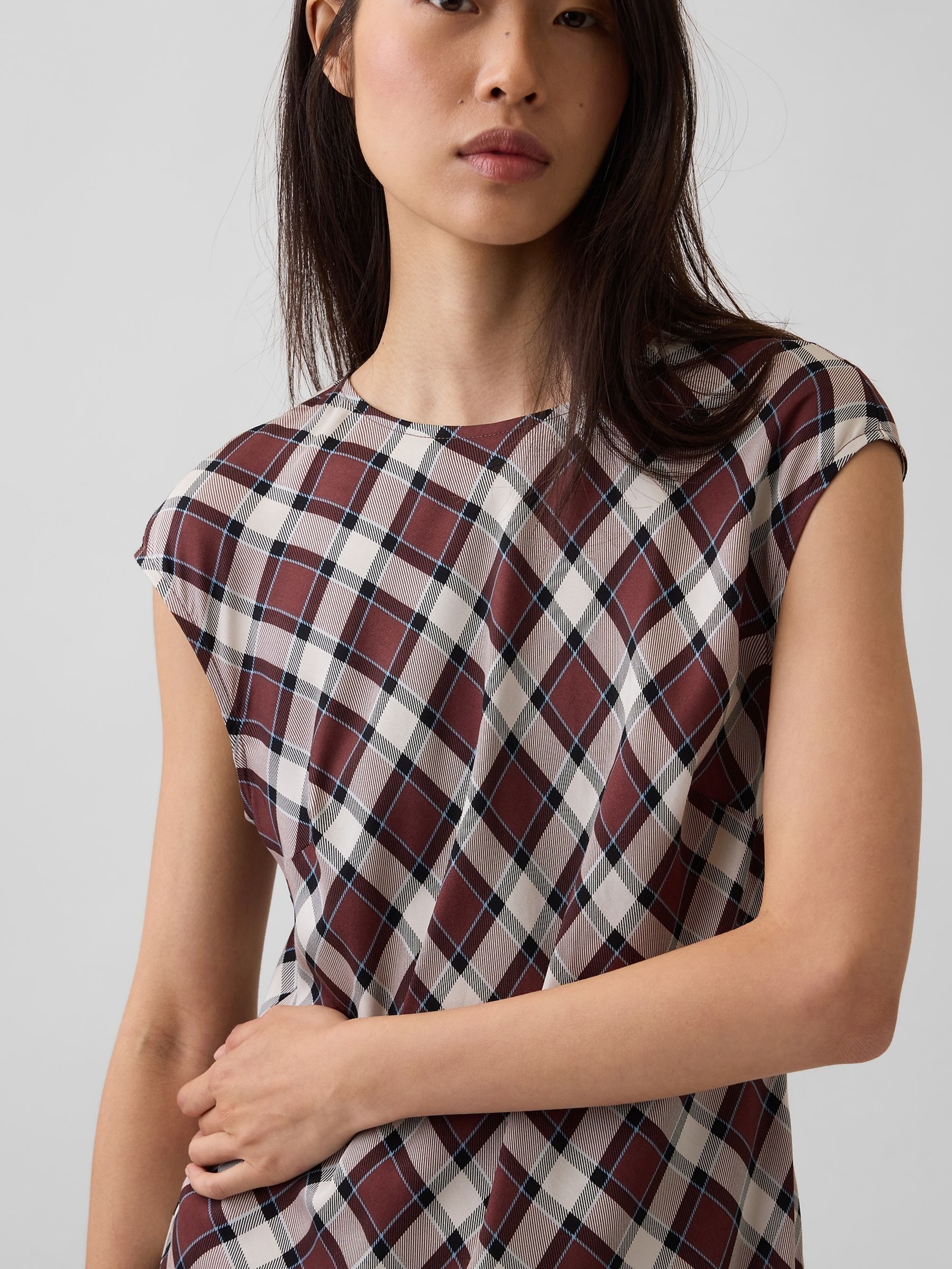 Burgundy Check Cap-Sleeve Knee-Length Dress - Image 4 of 4