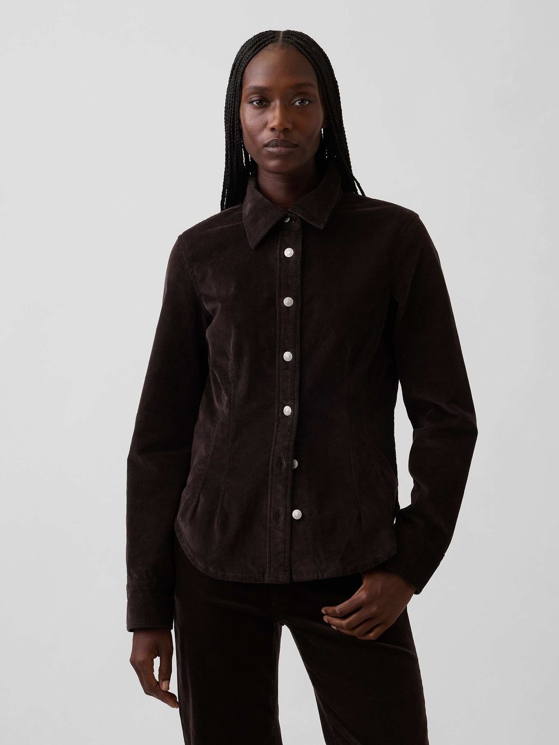 Dark Brown Corduroy Fitted Shirt - Image 1 of 4