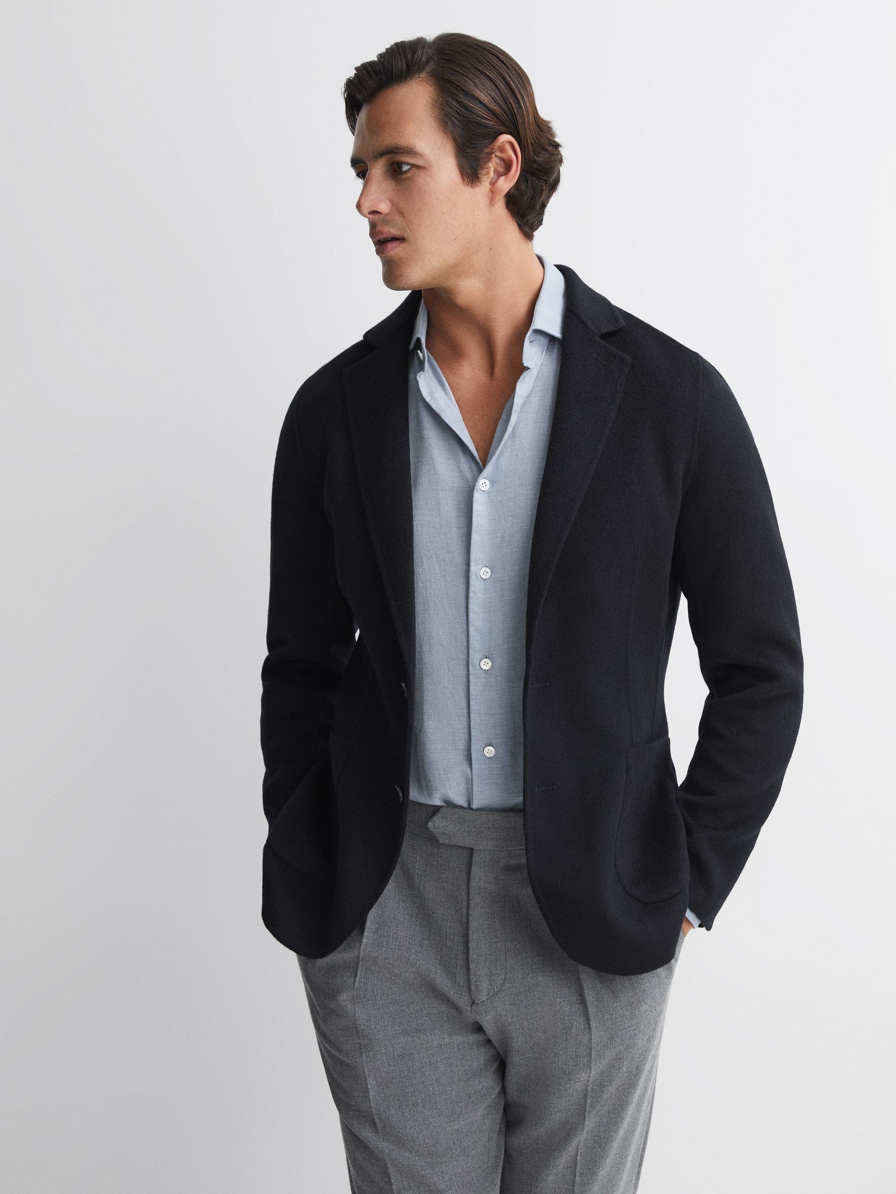 Slim Fit Wool Blend Single Breasted Blazer in Navy - Image 1 of 7