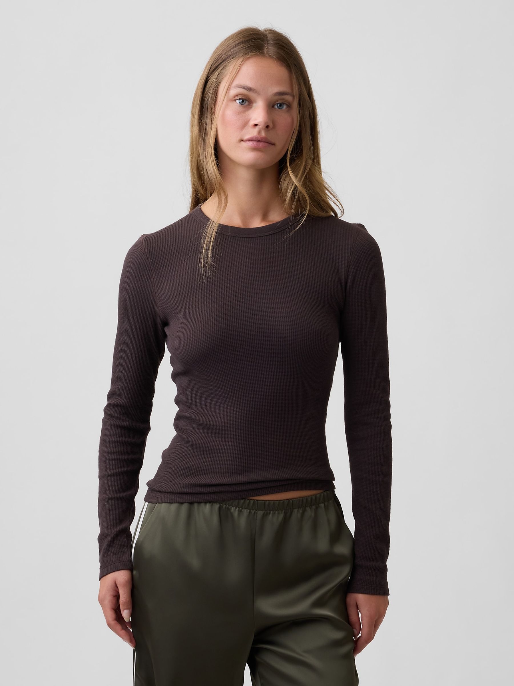Brown Waffle Knit Long Sleeve T-Shirt - Image 1 of 5