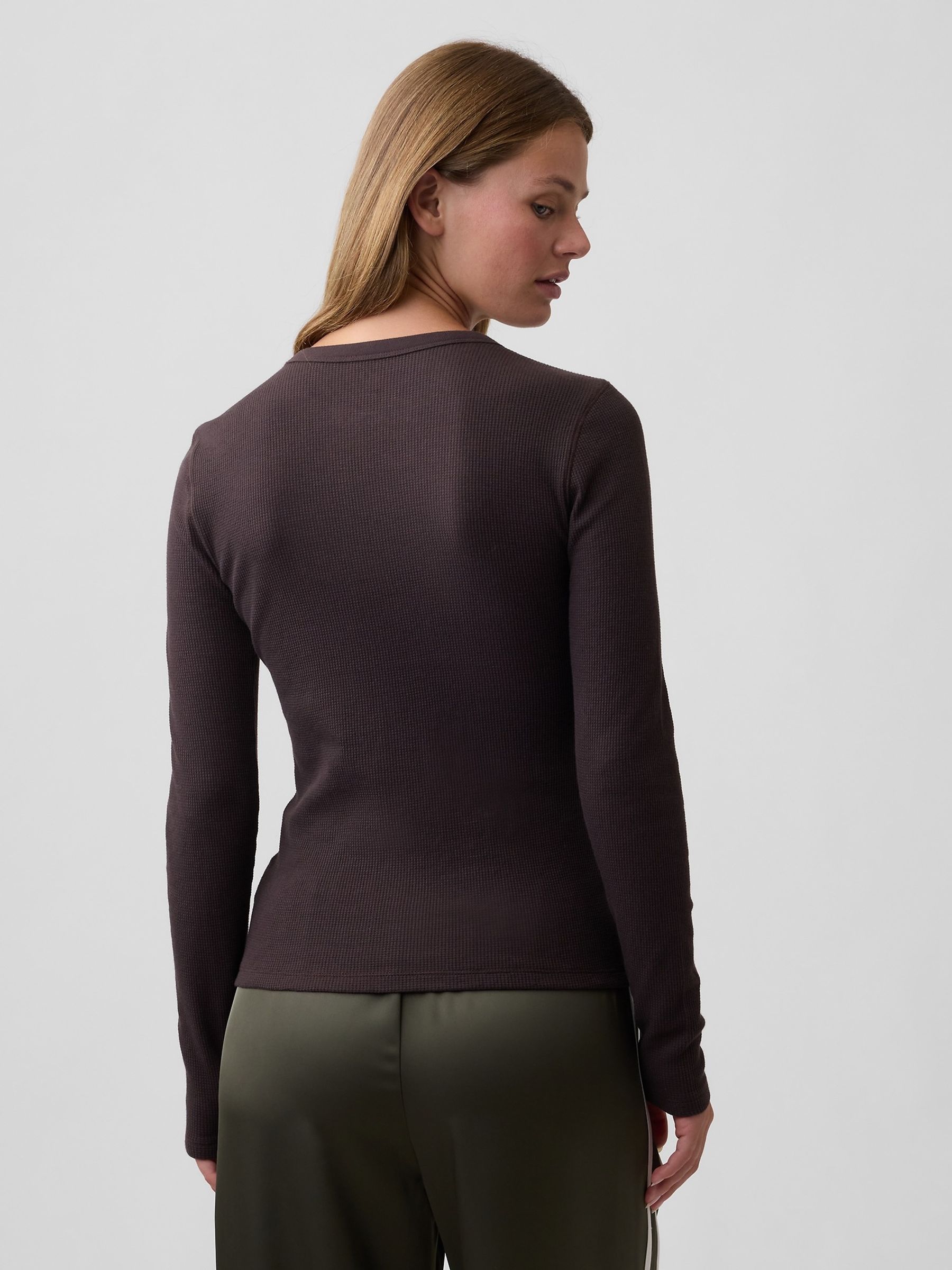 Brown Waffle Knit Long Sleeve T-Shirt - Image 2 of 5 Brown Waffle Knit Long Sleeve T-Shirt - Image 2 of 5