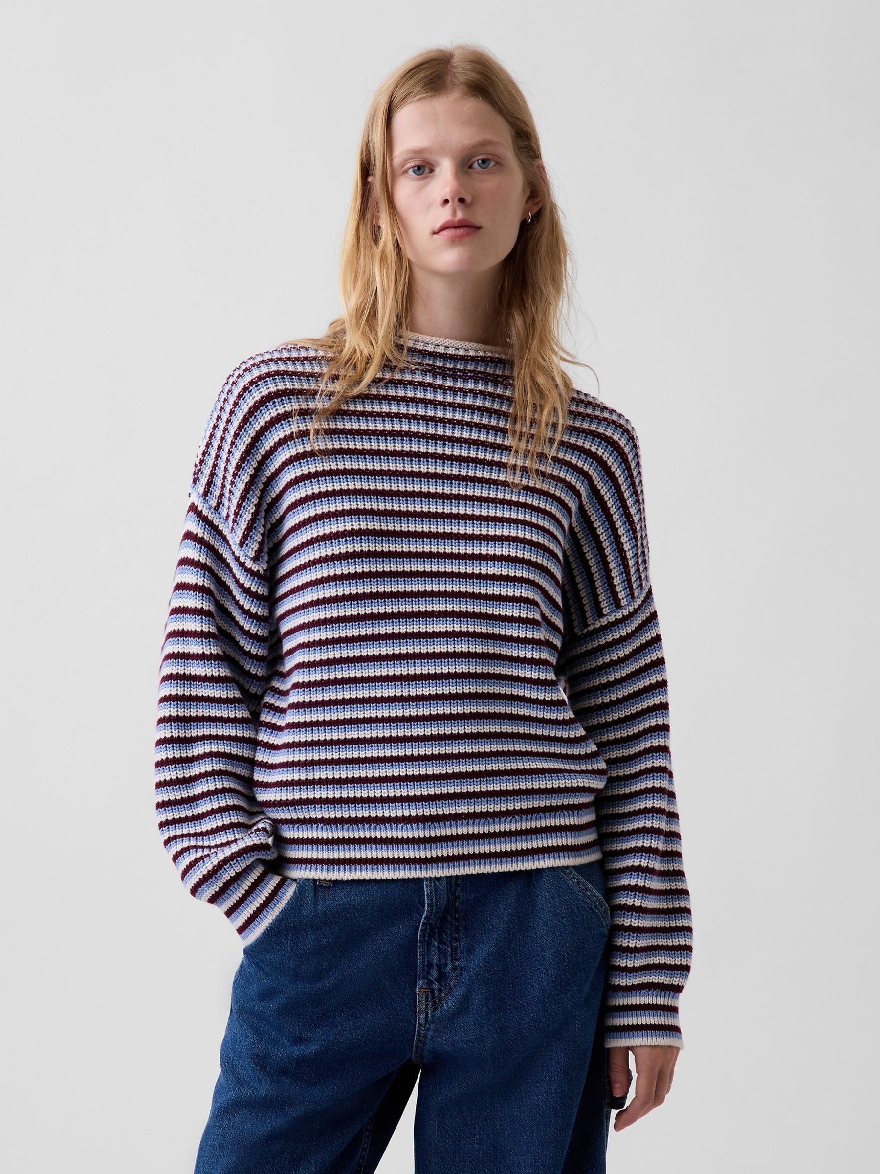 Blue & Burgundy Red Stripe Oversized Rolled Neck Jumper - Image 1 of 4 Blue & Burgundy Red Stripe Oversized Rolled Neck Jumper - Image 1 of 4