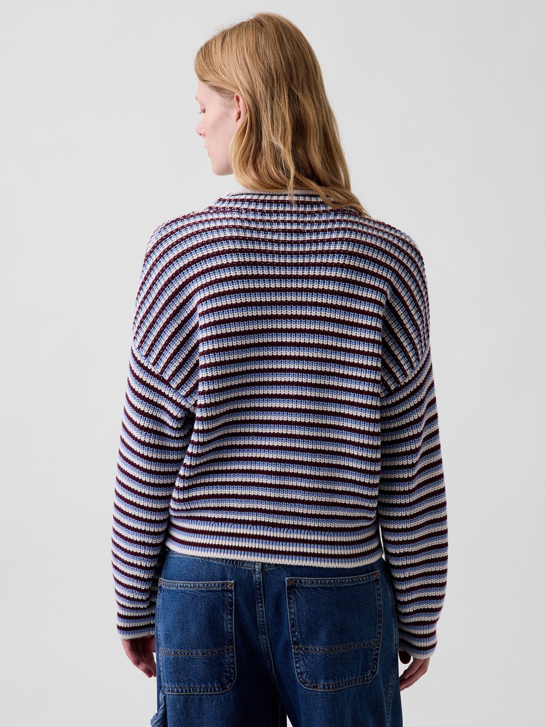 Blue & Burgundy Red Stripe Oversized Rolled Neck Jumper - Image 2 of 4