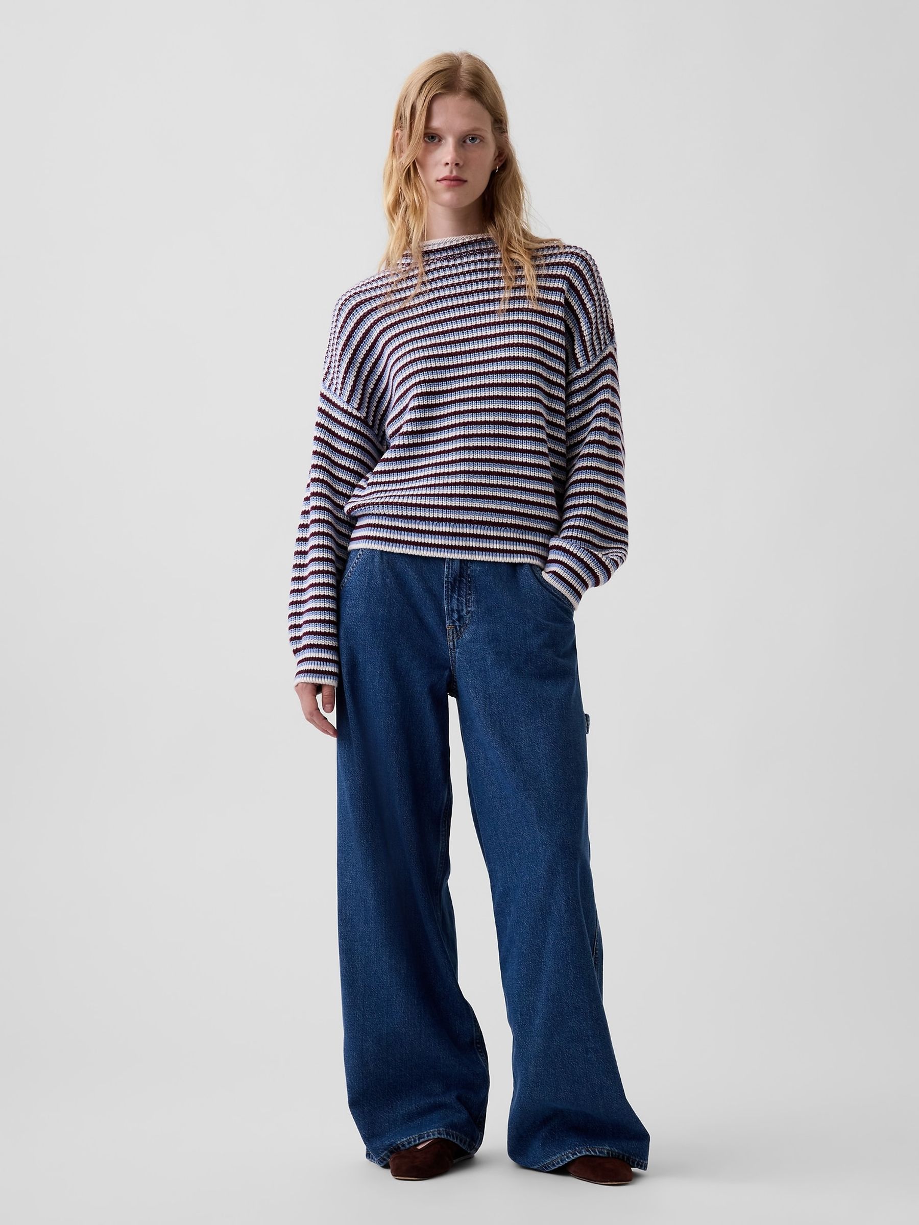 Blue & Burgundy Red Stripe Oversized Rolled Neck Jumper - Image 3 of 4