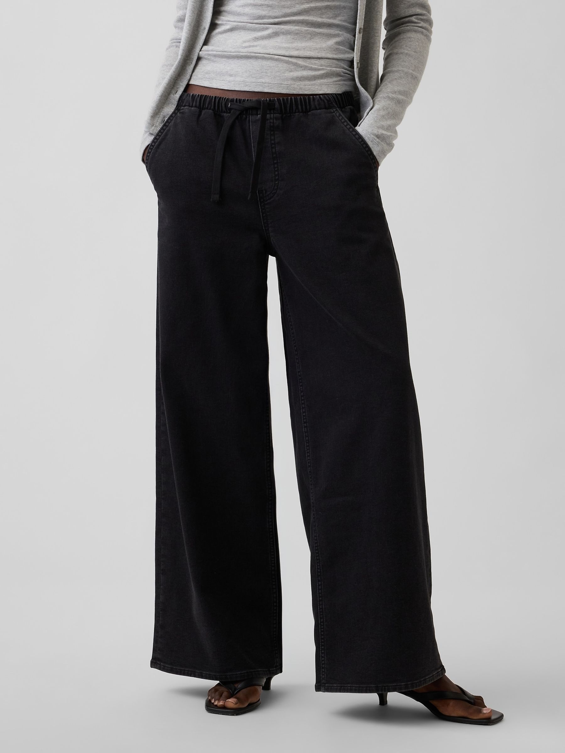 Black Mid Rise Knit Easy Baggy Jeans - Image 1 of 5 Black Mid Rise Knit Easy Baggy Jeans - Image 1 of 5