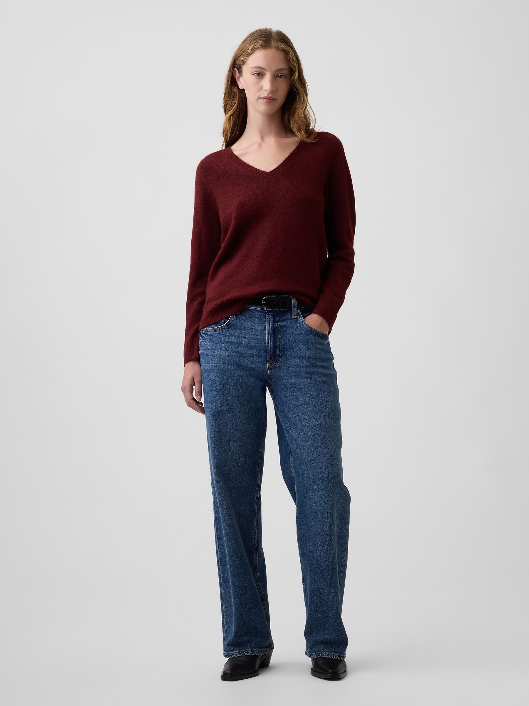 Burgundy Red Relaxed Lightweight V-Neck Jumper - Image 3 of 5