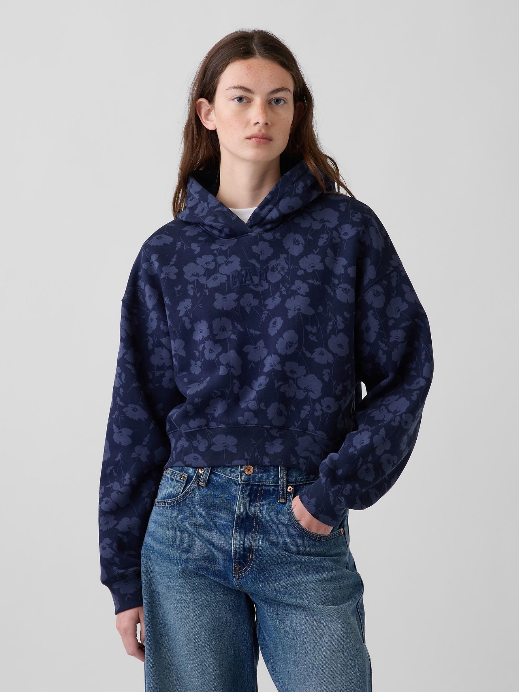 Blue Floral Vintage Soft Crop Logo Hoodie - Image 1 of 6