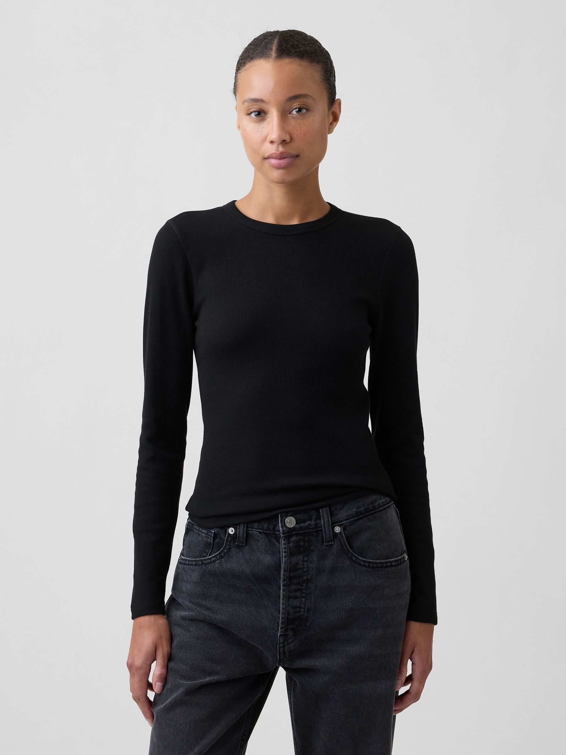 Black Waffle Knit Long Sleeve T-Shirt - Image 1 of 5