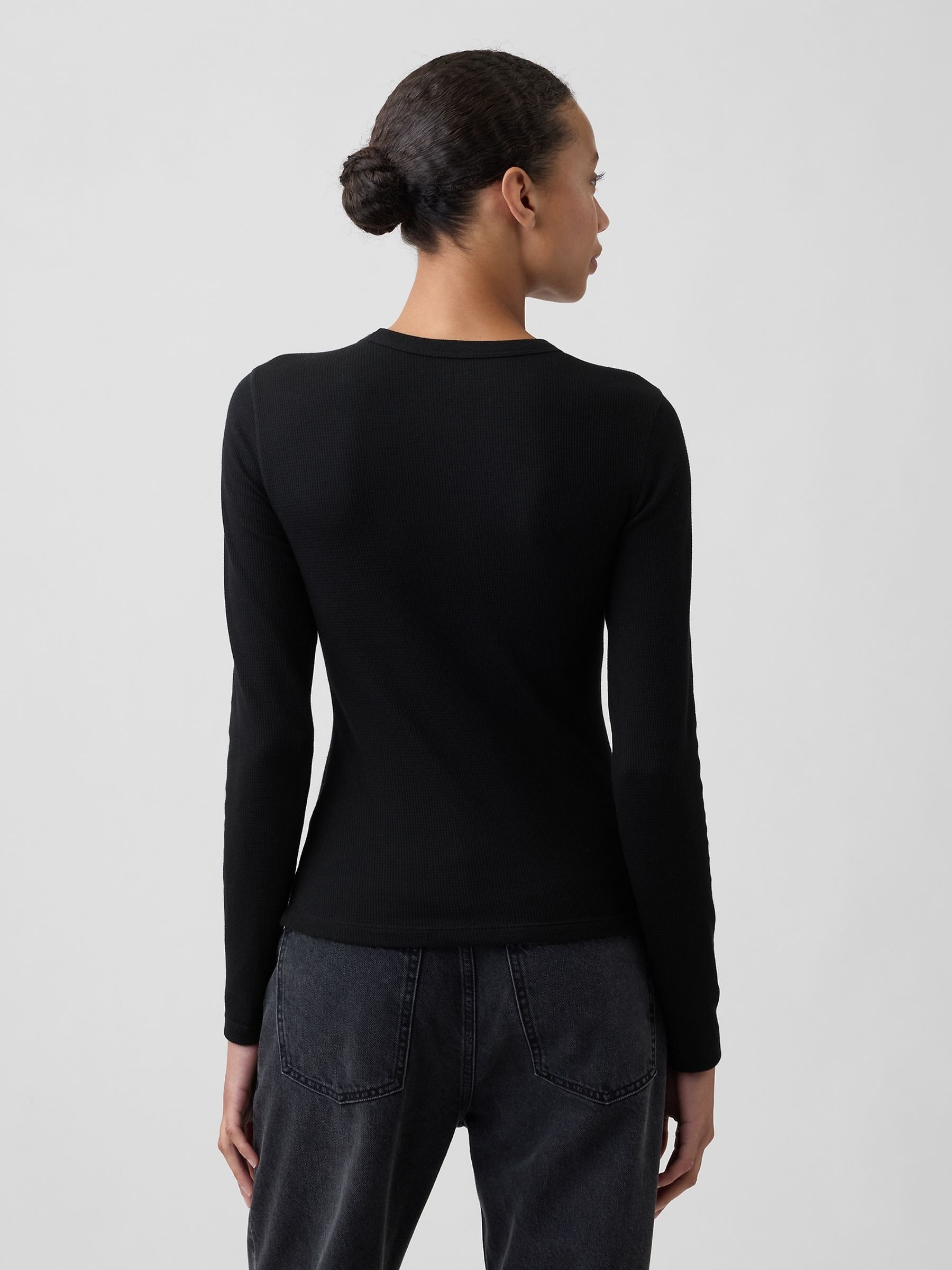 Black Waffle Knit Long Sleeve T-Shirt - Image 2 of 5