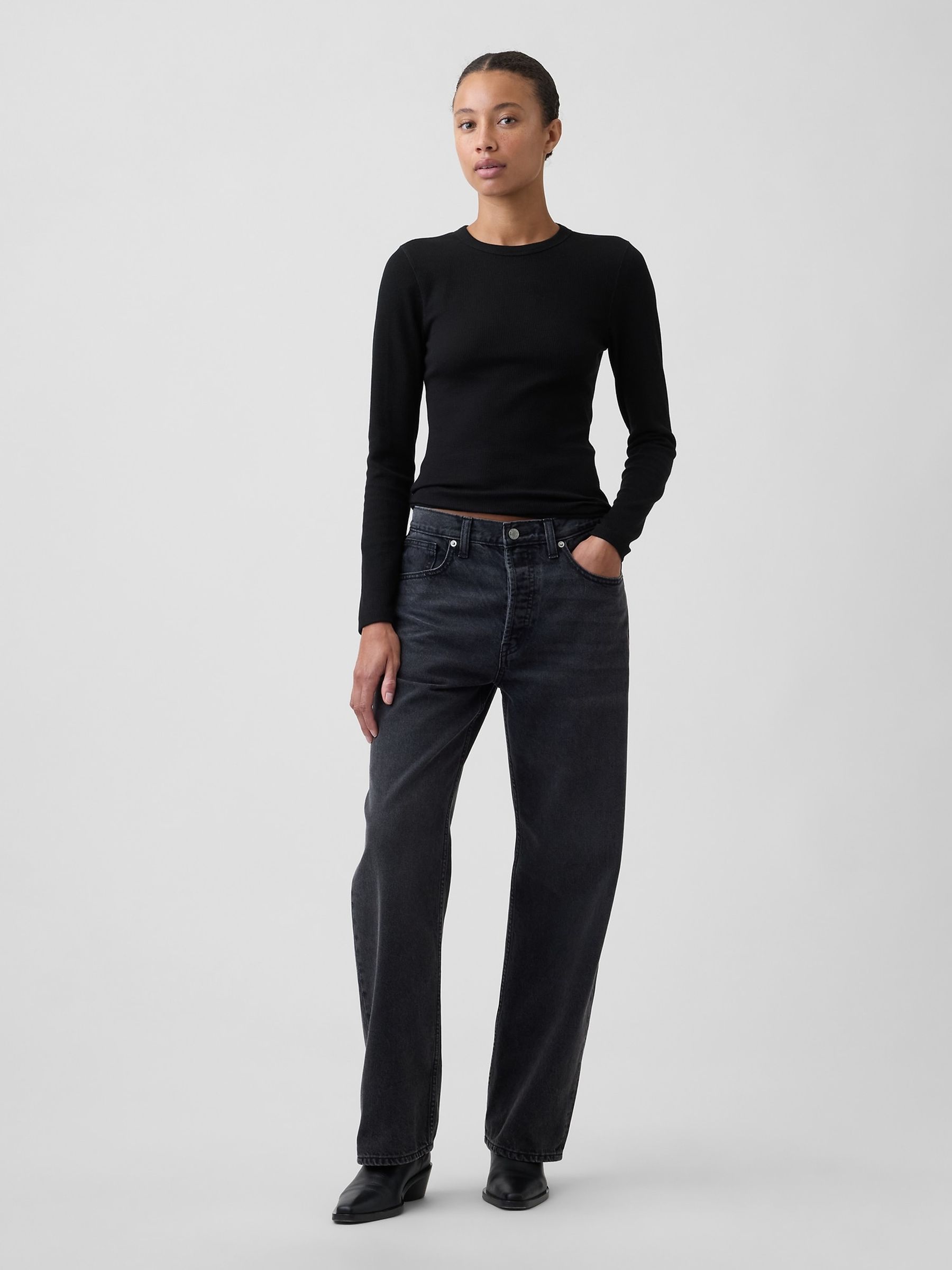 Black Waffle Knit Long Sleeve T-Shirt - Image 3 of 5