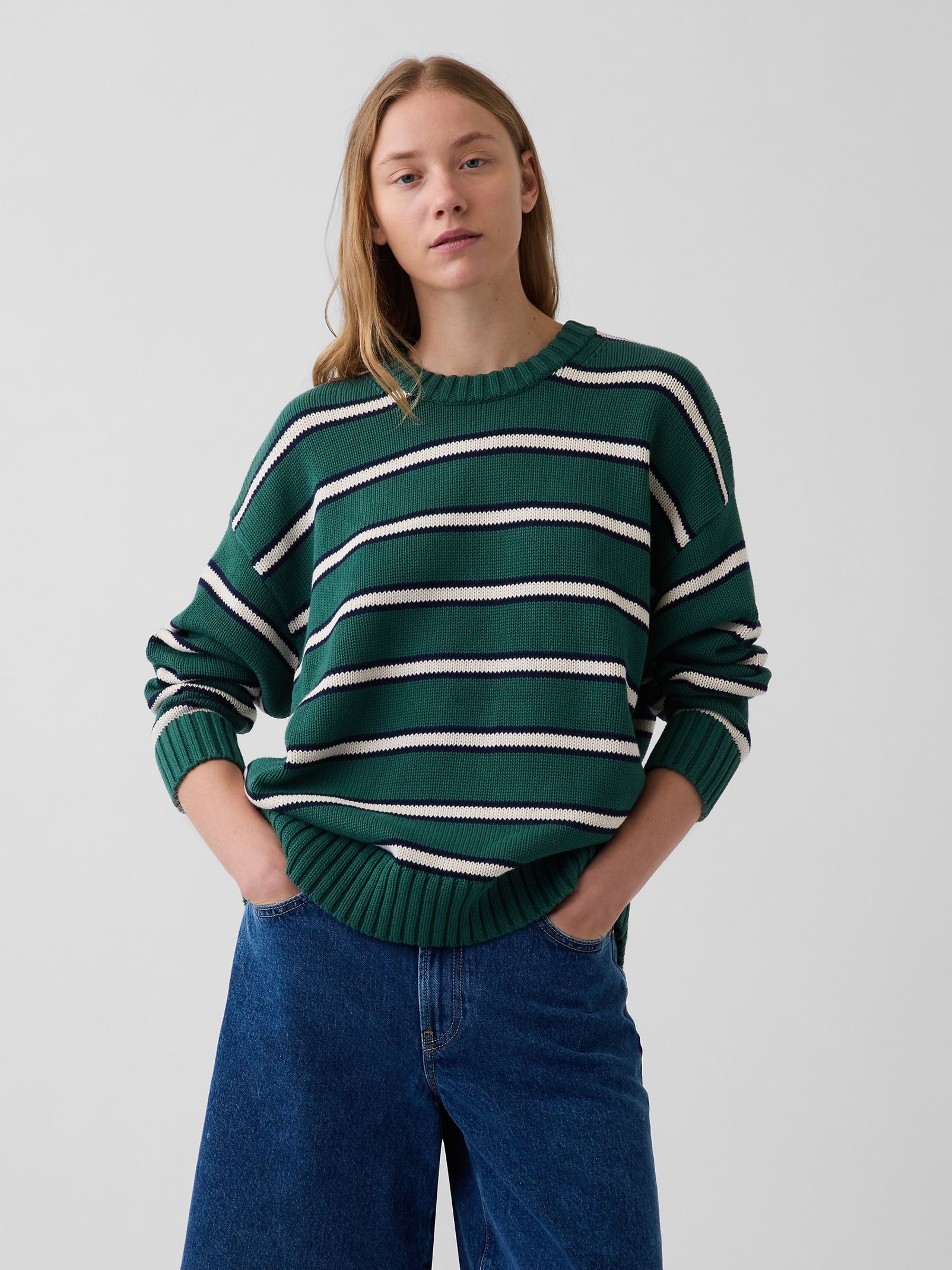 Green Stripe Cotton Oversized Jumper - Image 1 of 4