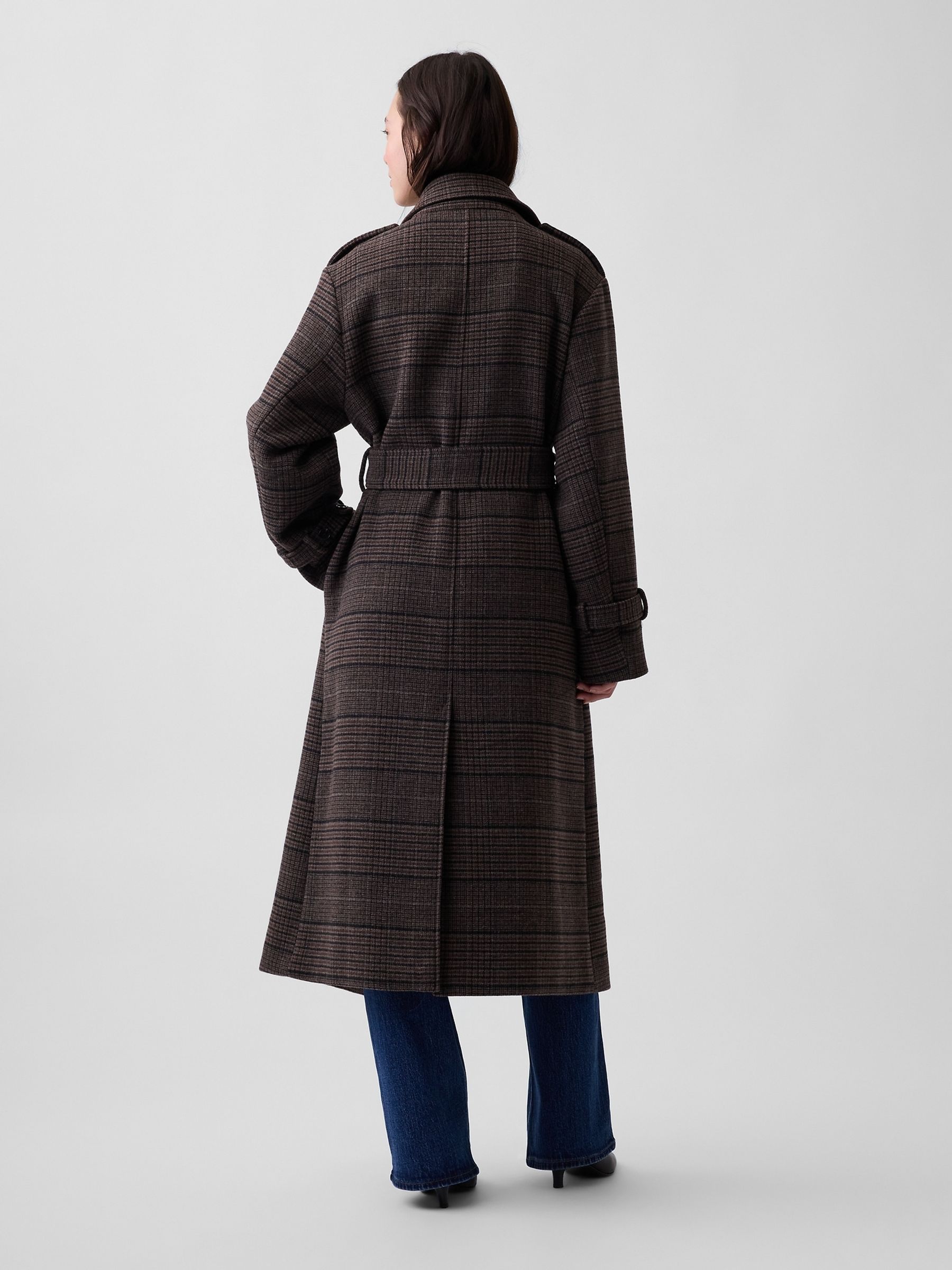 Brown Check Wool-Blend Plaid Trench Coat - Image 2 of 6 Brown Check Wool-Blend Plaid Trench Coat - Image 2 of 6