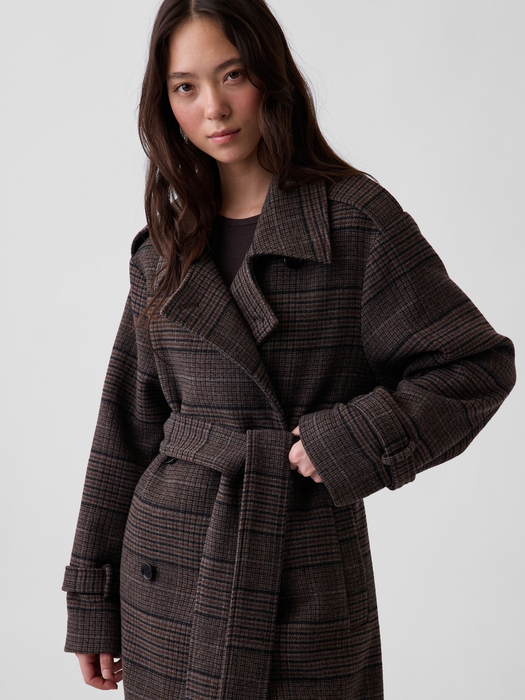 Brown Check Wool-Blend Plaid Trench Coat - Image 4 of 6
