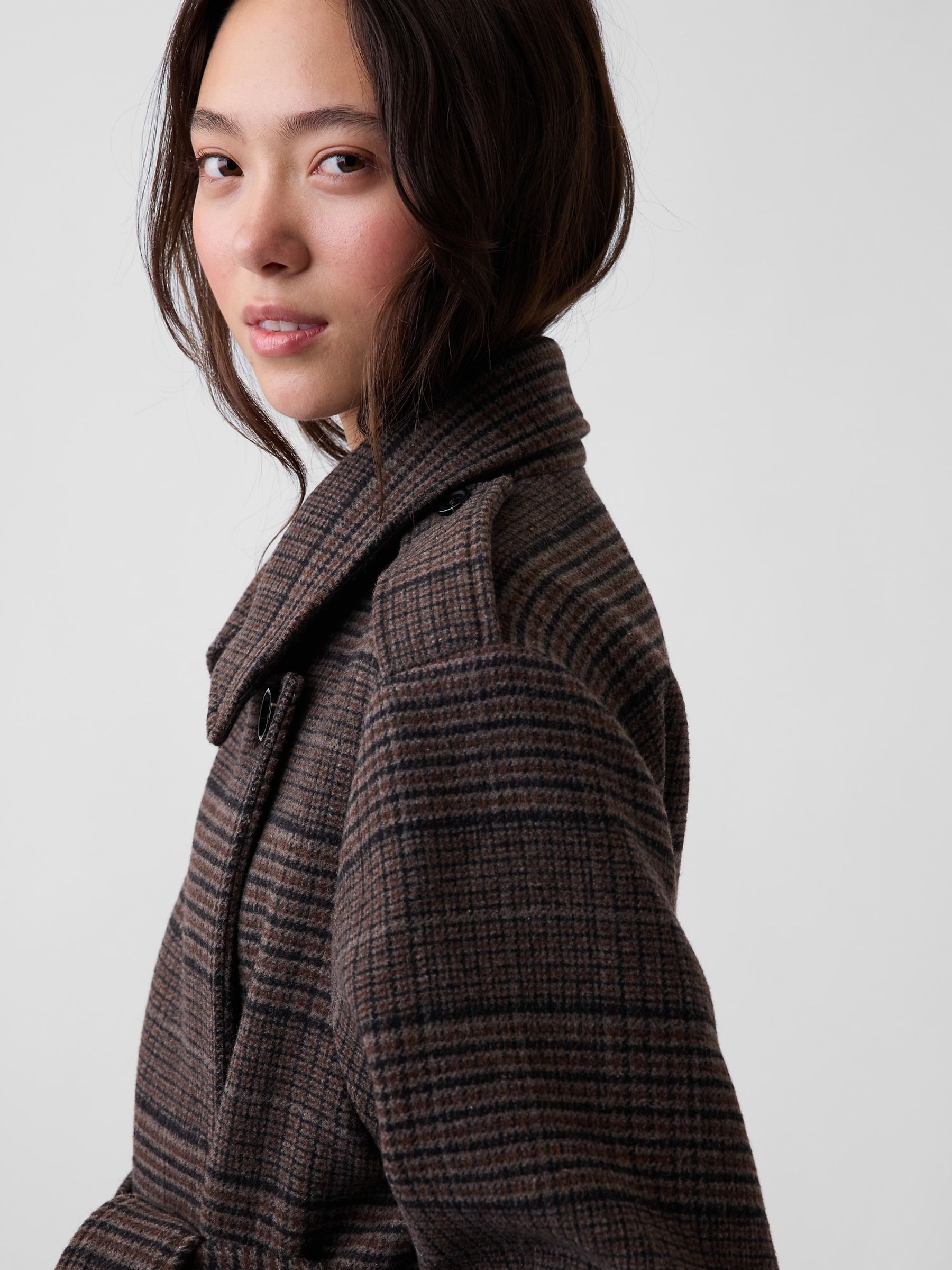 Brown Check Wool-Blend Plaid Trench Coat - Image 5 of 6