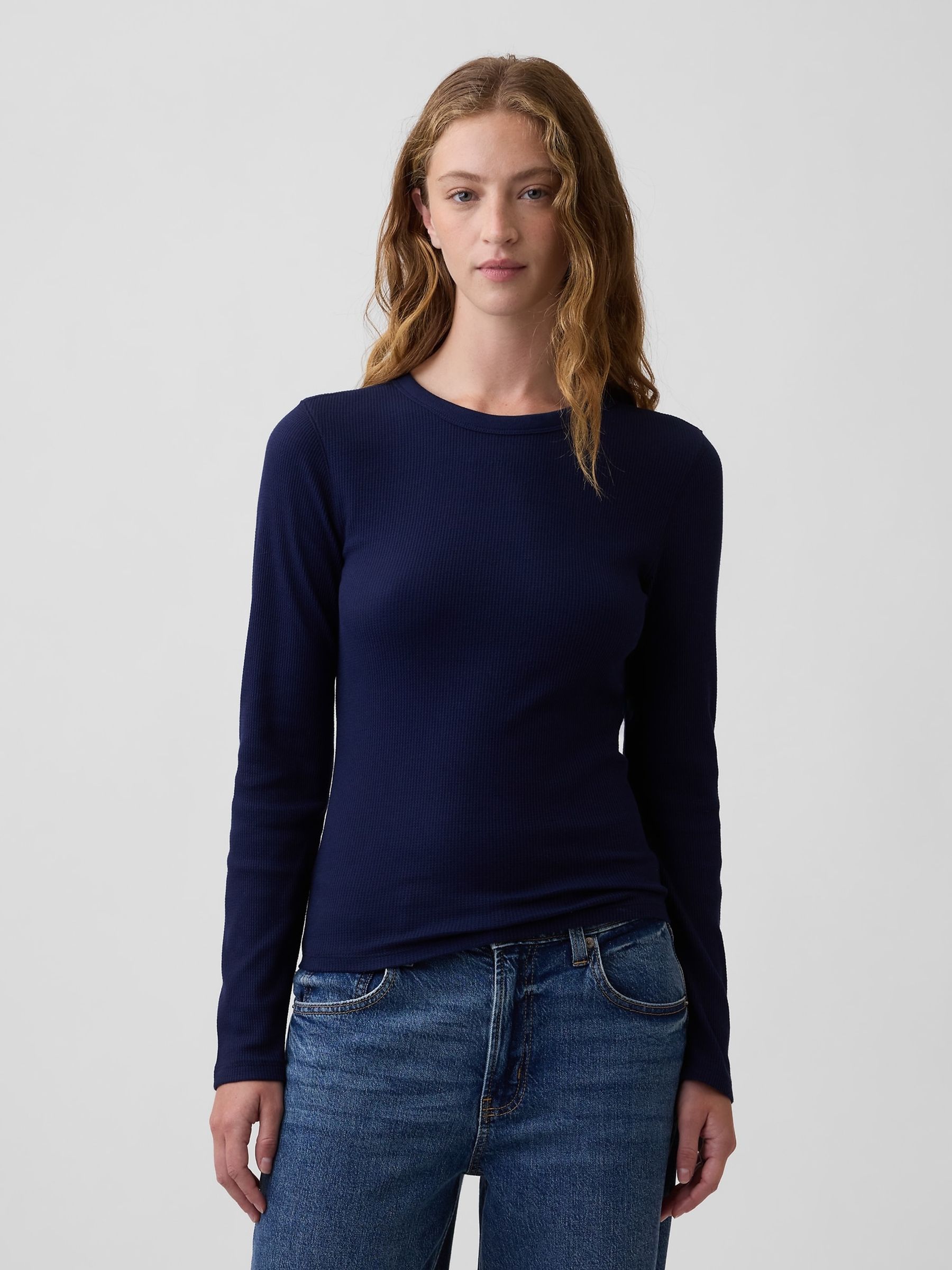 Navy Waffle Knit Long Sleeve T-Shirt - Image 1 of 5