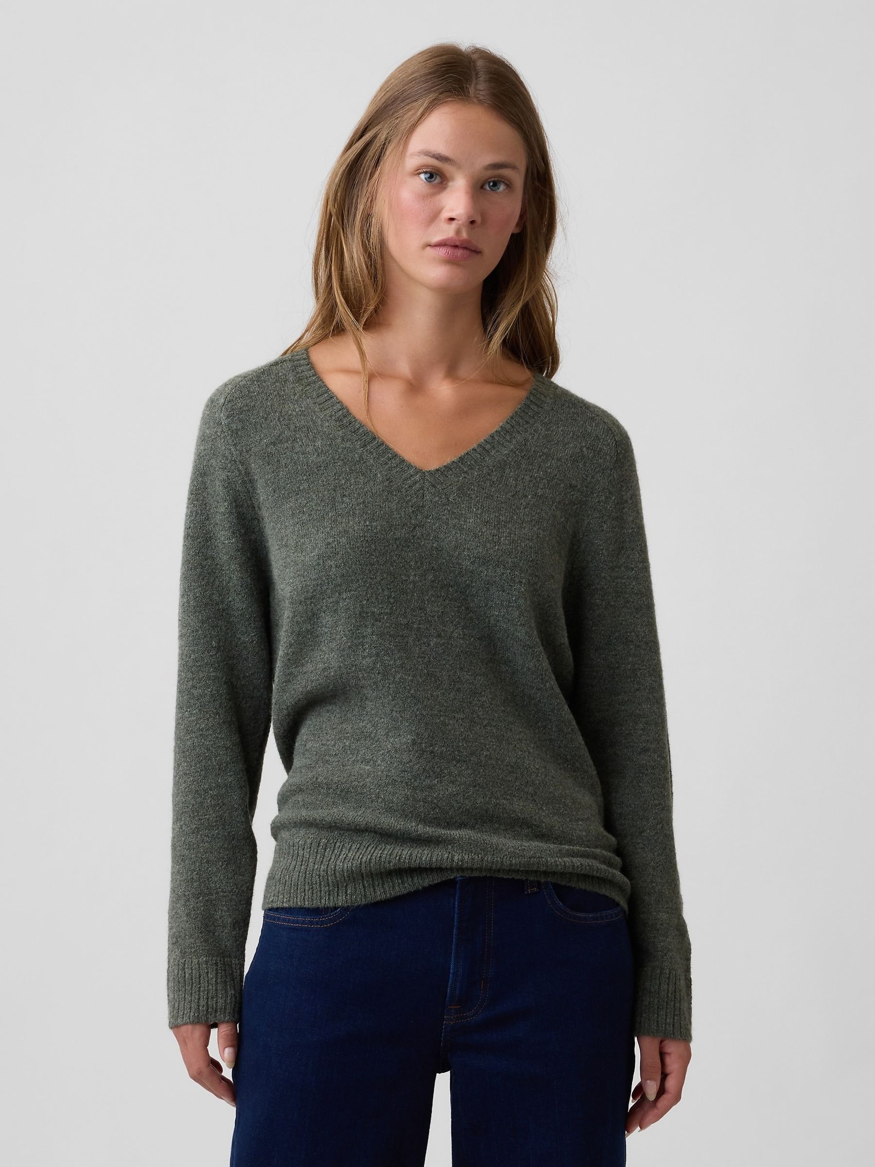 Green Relaxed Lightweight V-Neck Jumper - Image 1 of 5