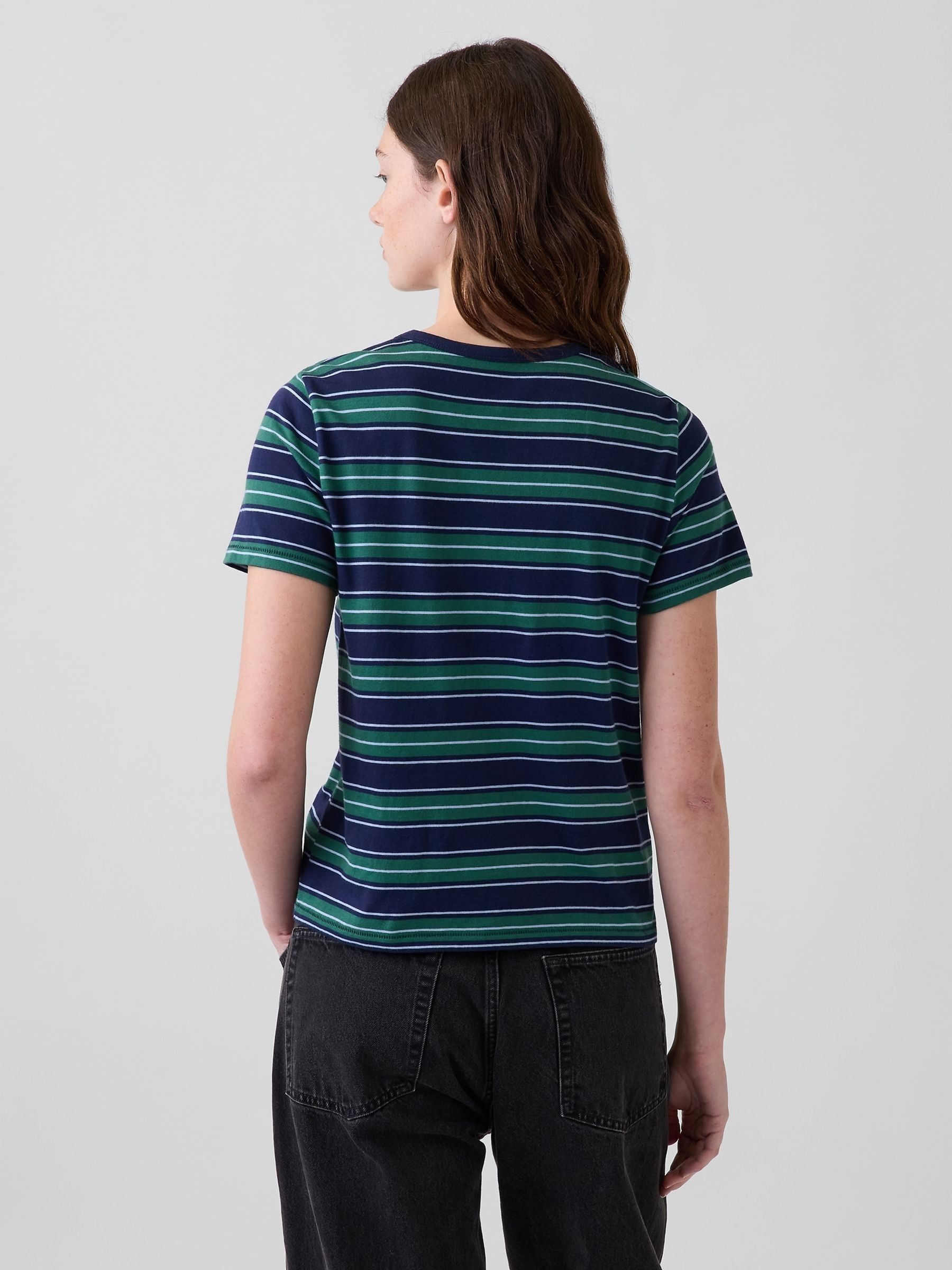 Green/Navy Stripe Vintage Soft Short Sleeve T-Shirt - Image 2 of 4 Green/Navy Stripe Vintage Soft Short Sleeve T-Shirt - Image 2 of 4