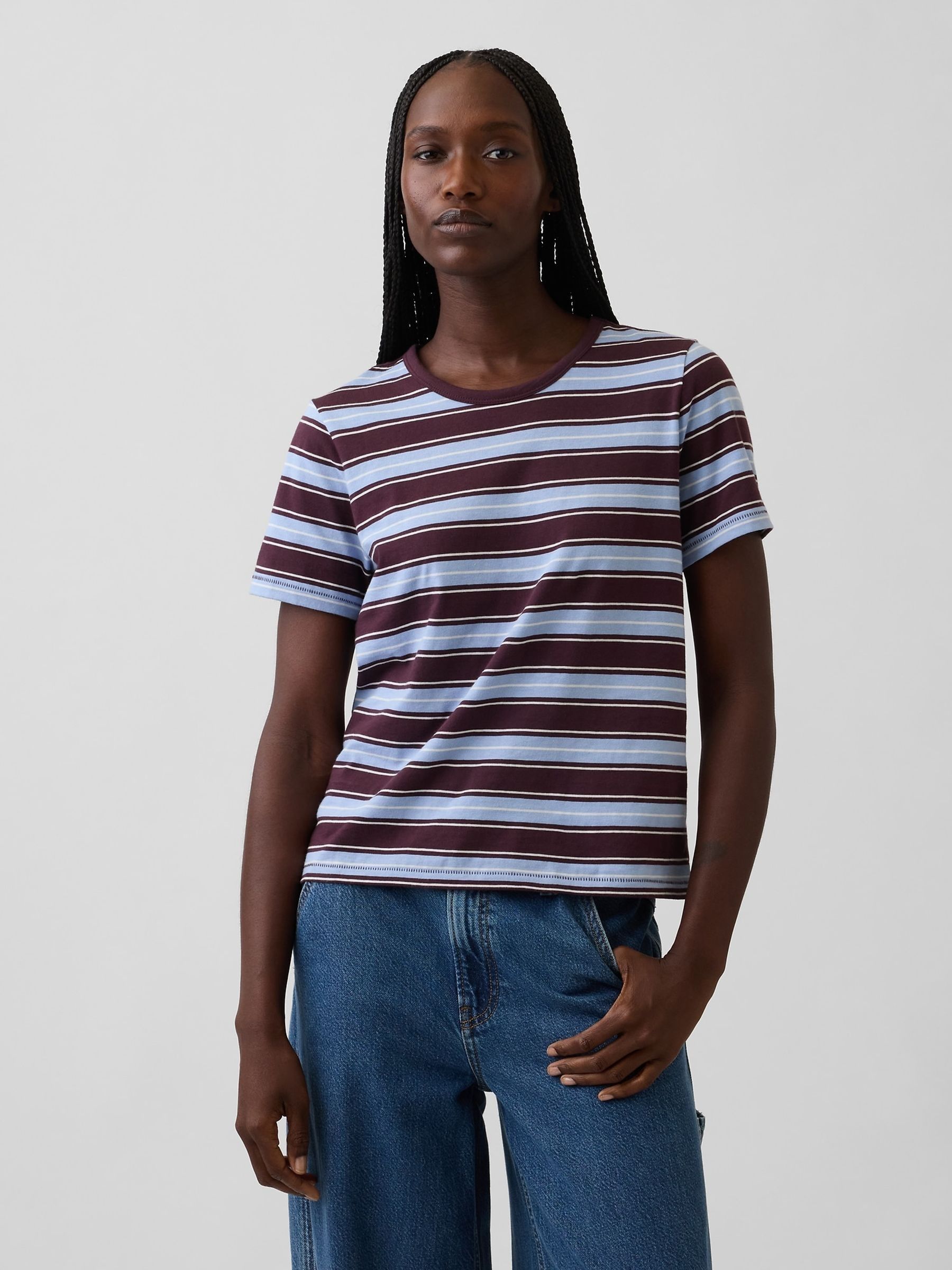 Blue/Burgundy Stripe Vintage Soft Short Sleeve T-Shirt - Image 1 of 4 Blue/Burgundy Stripe Vintage Soft Short Sleeve T-Shirt - Image 1 of 4
