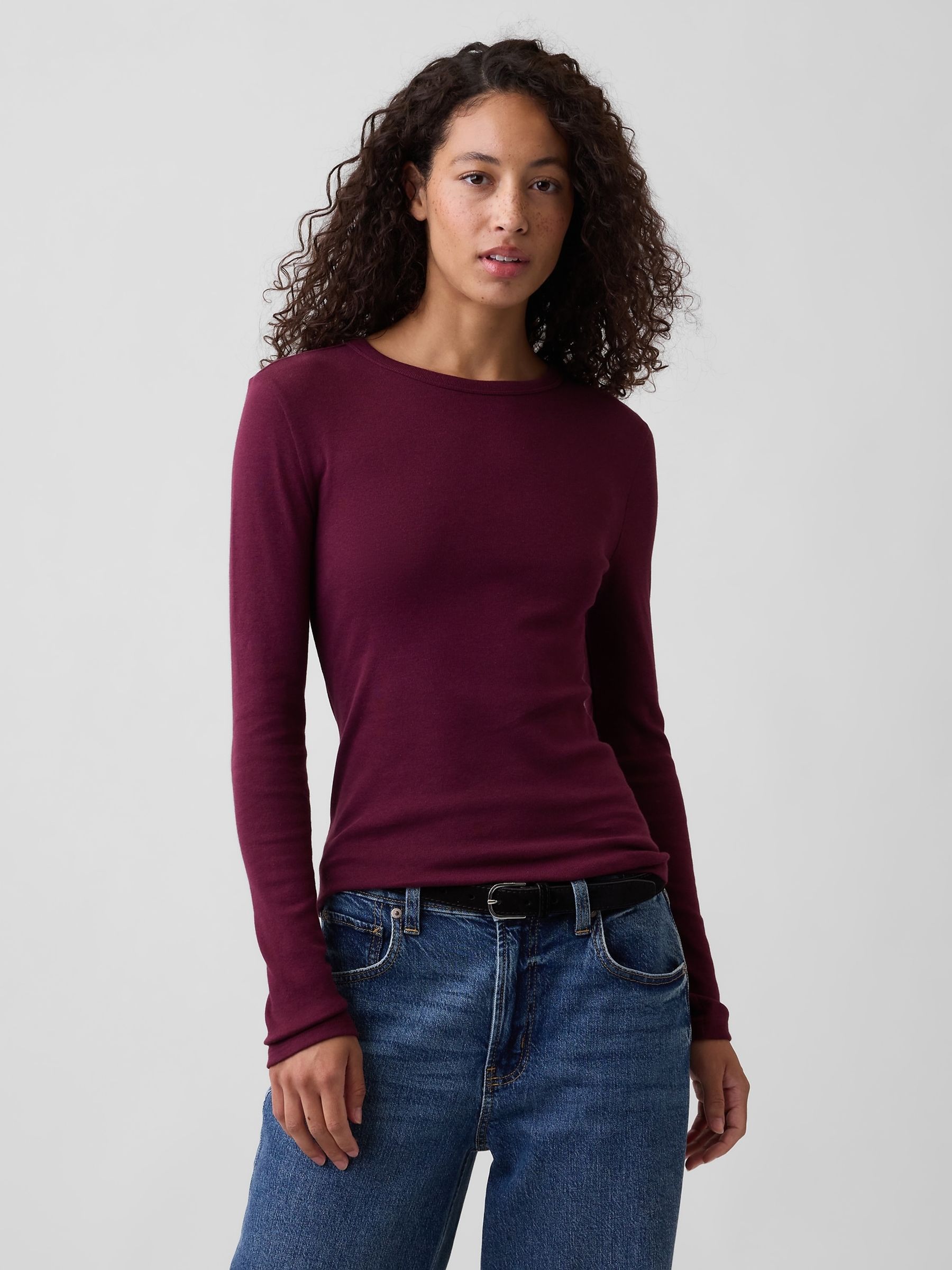 Burgundy Modern Ribbed Crew Neck T-Shirt - Image 1 of 5