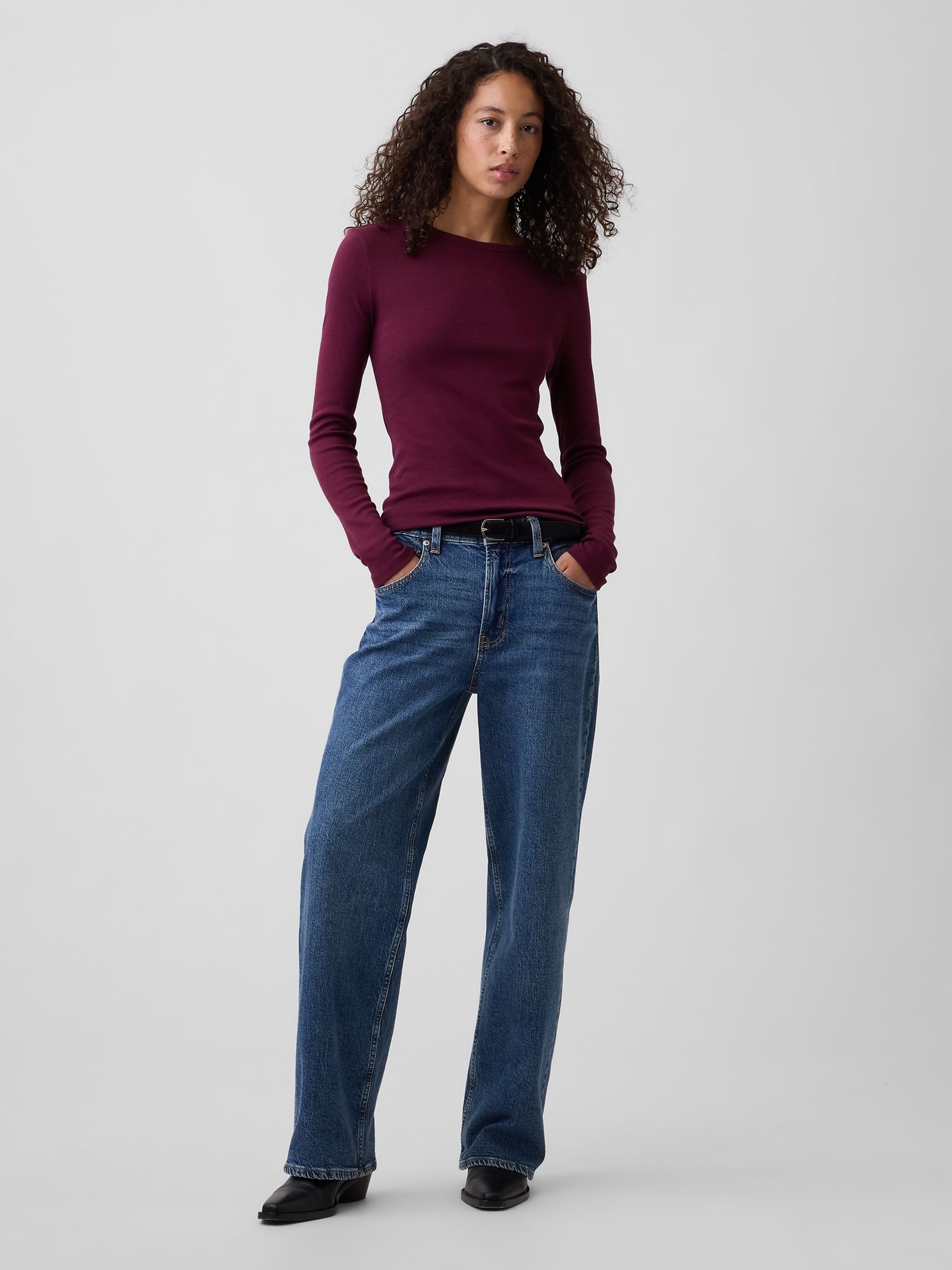 Burgundy Modern Ribbed Crew Neck T-Shirt - Image 3 of 5