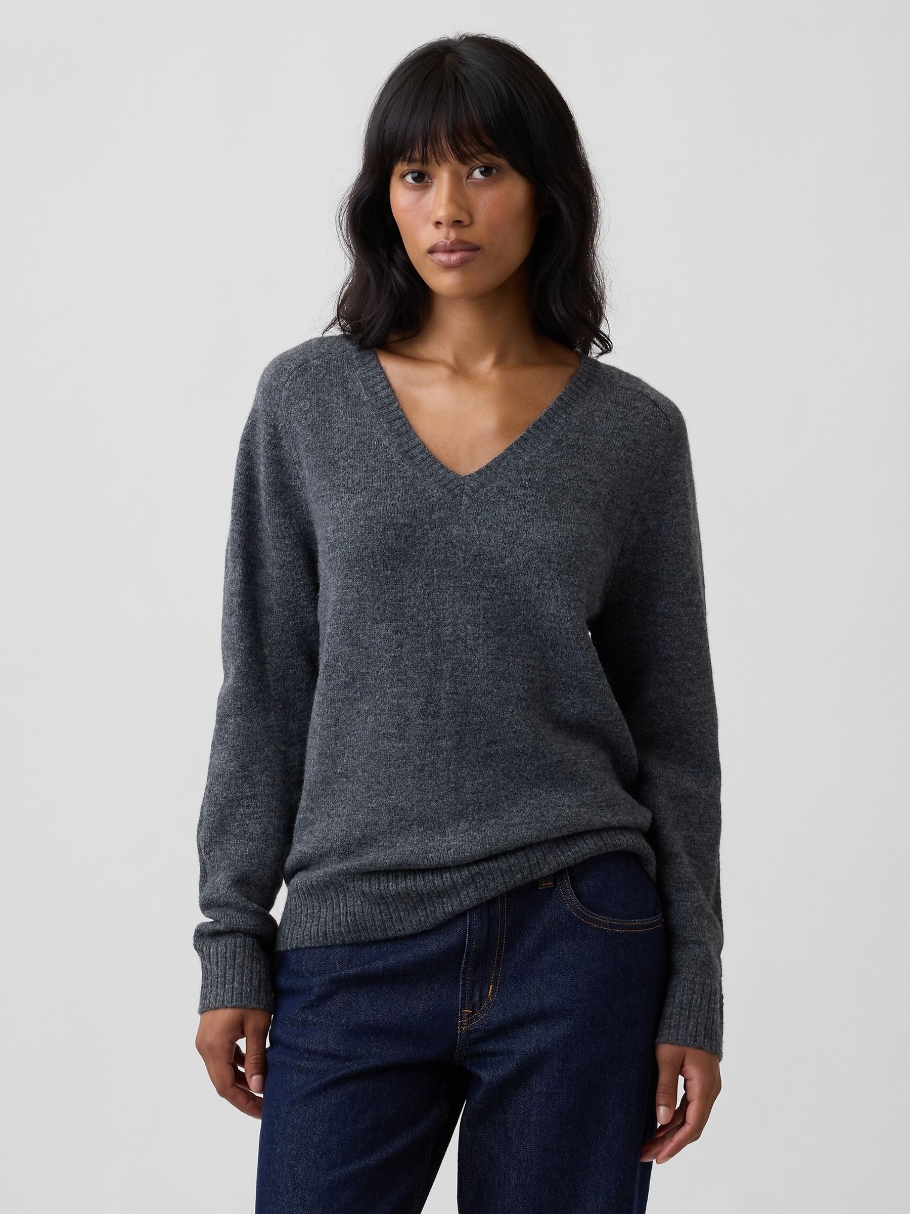 Dark Grey Relaxed Lightweight V-Neck Jumper - Image 1 of 5