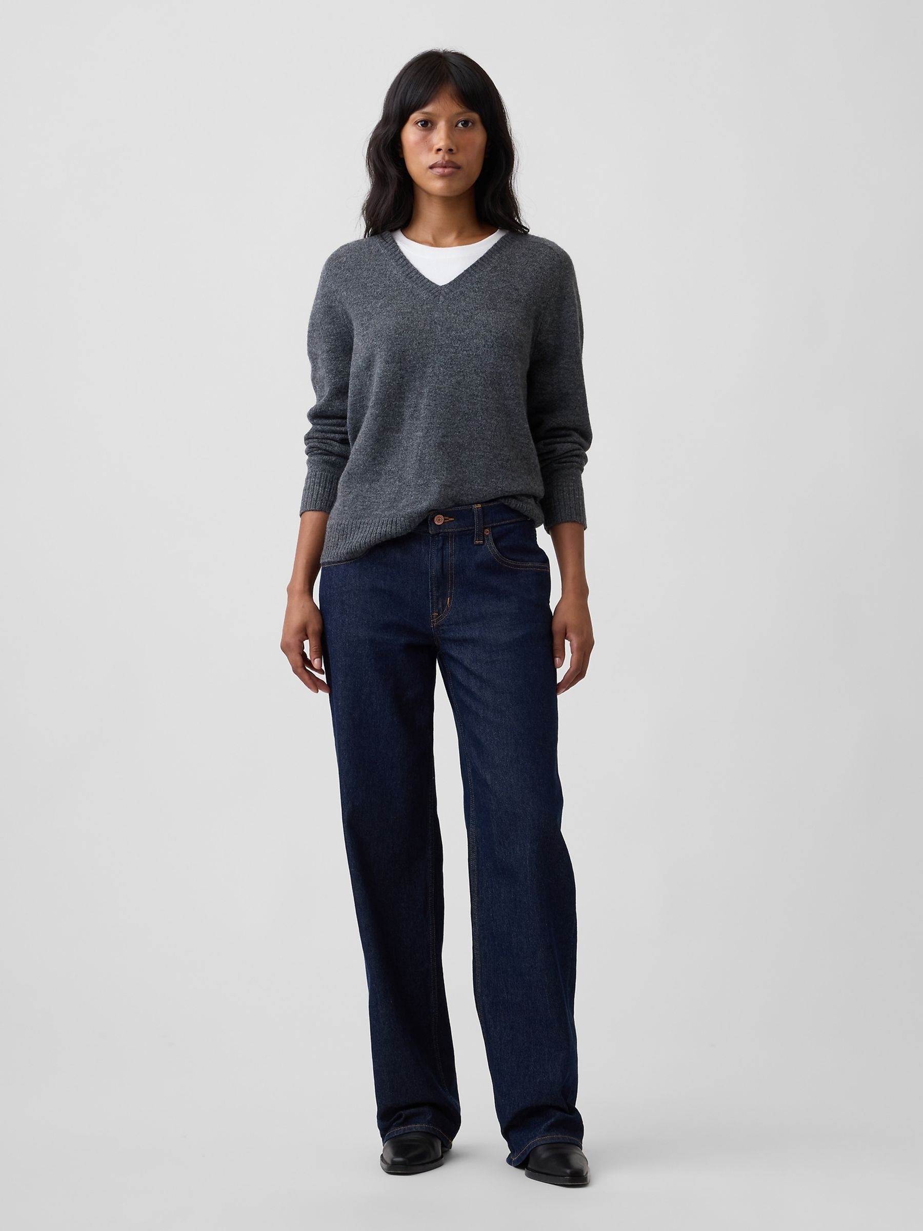 Dark Grey Relaxed Lightweight V-Neck Jumper - Image 3 of 5