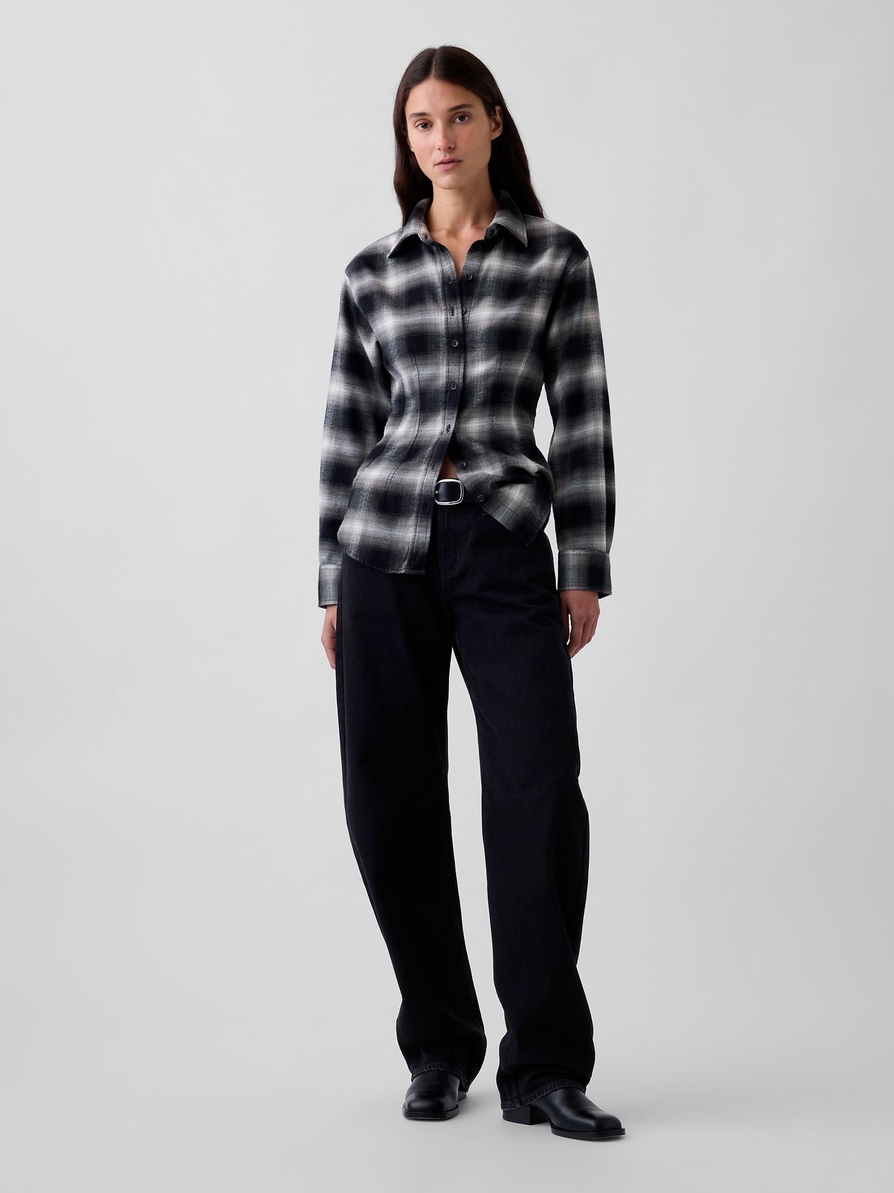Black Check Flannel Fitted Shirt - Image 3 of 5